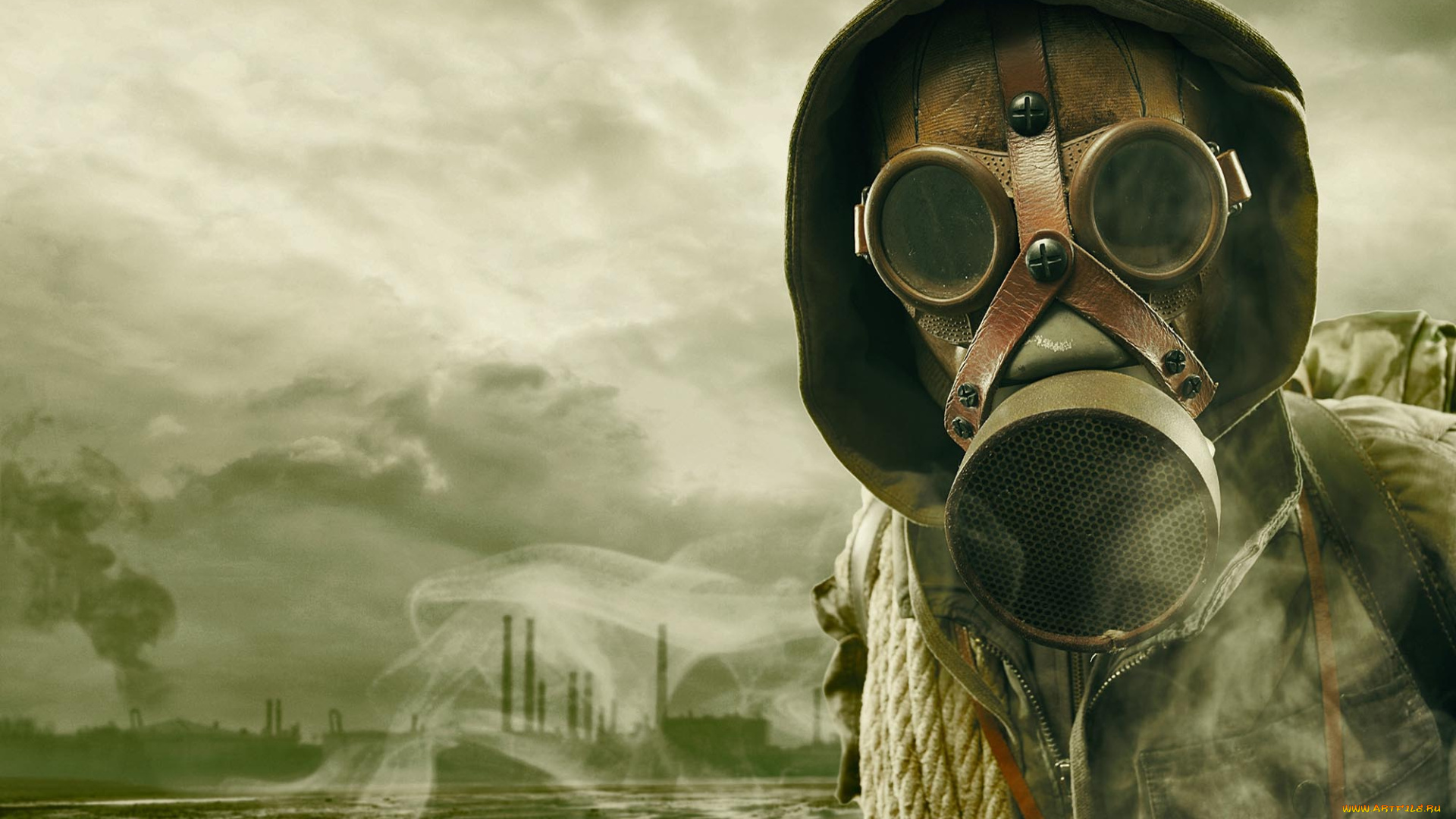 видео, игры, сталкер, противогаз, дым, капюшон, поле, трубы