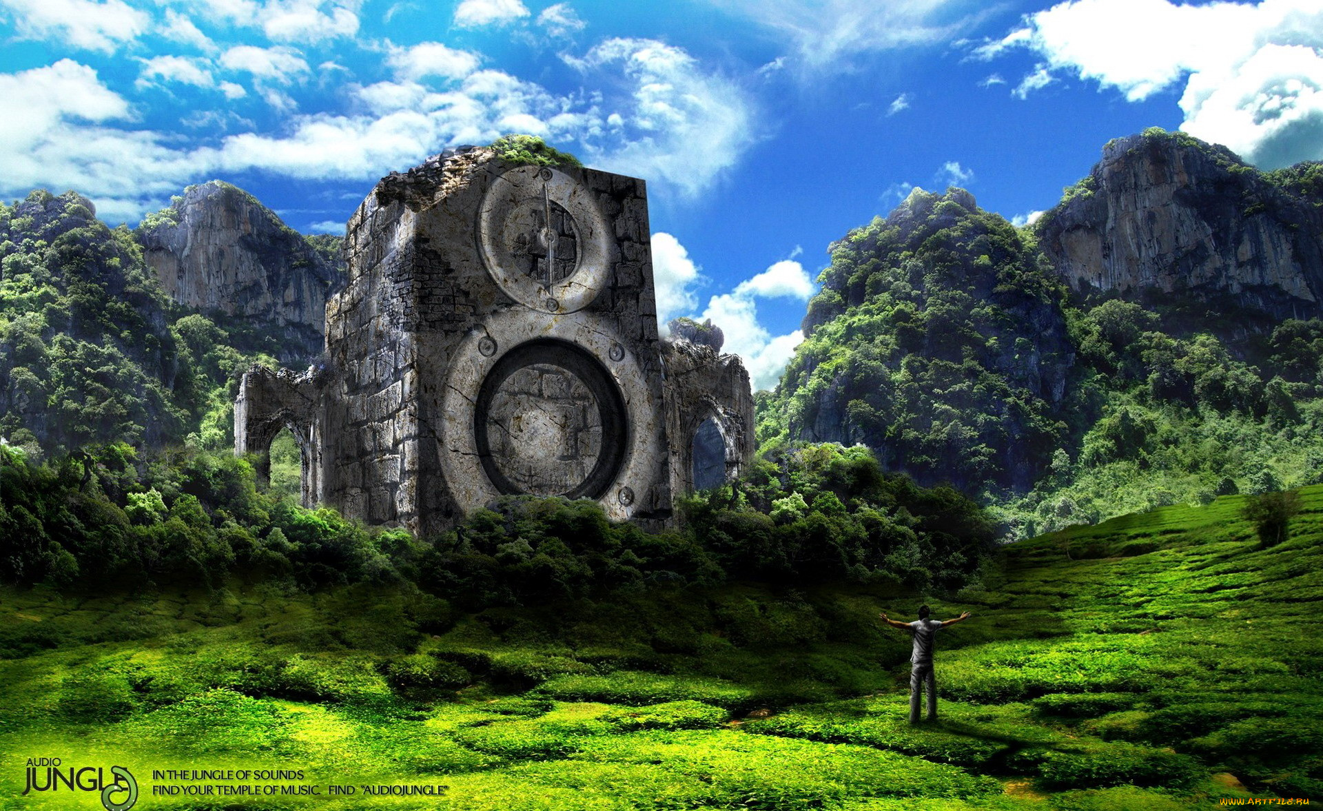 разное, компьютерный, дизайн, горы, скалы, лес, колонки, луг, человек