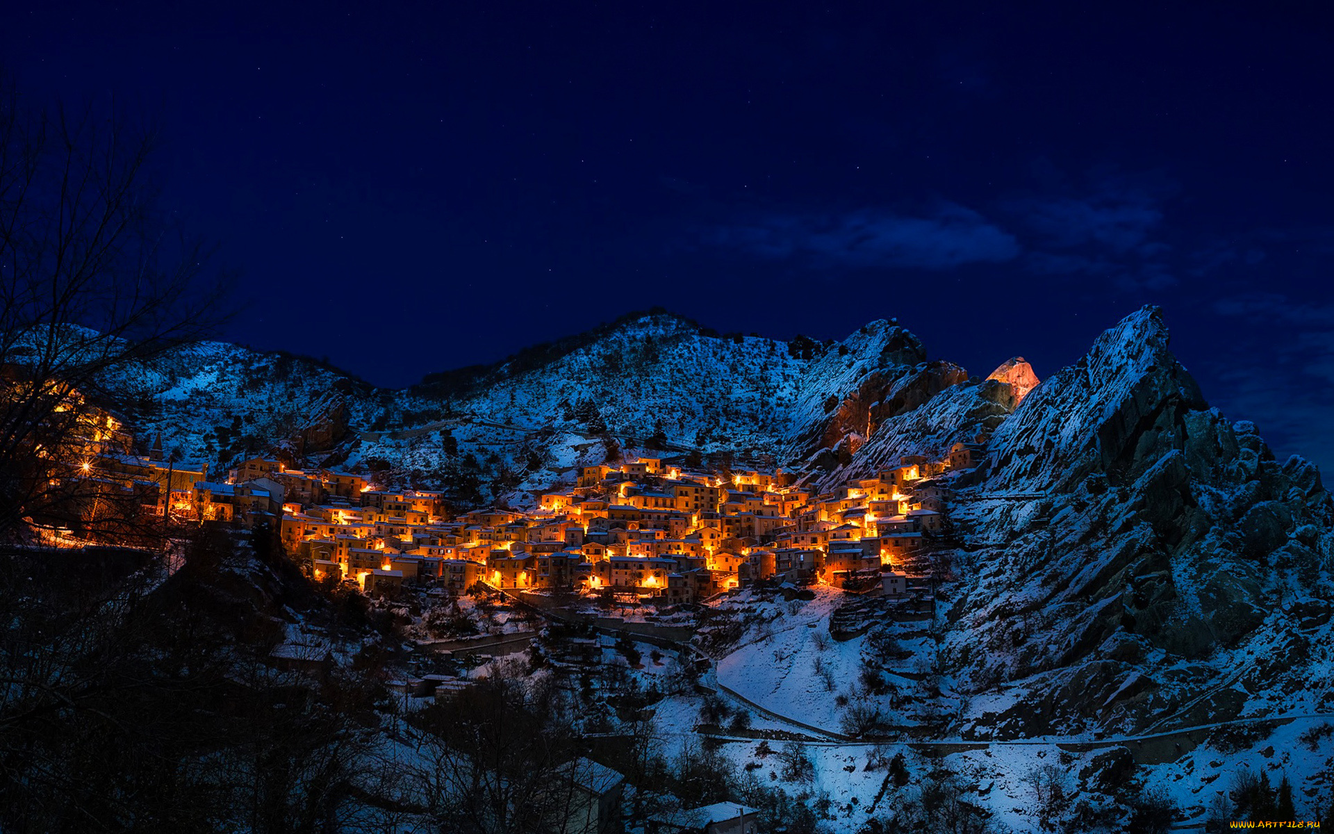 castelmezzano, italy, города, -, огни, ночного, города