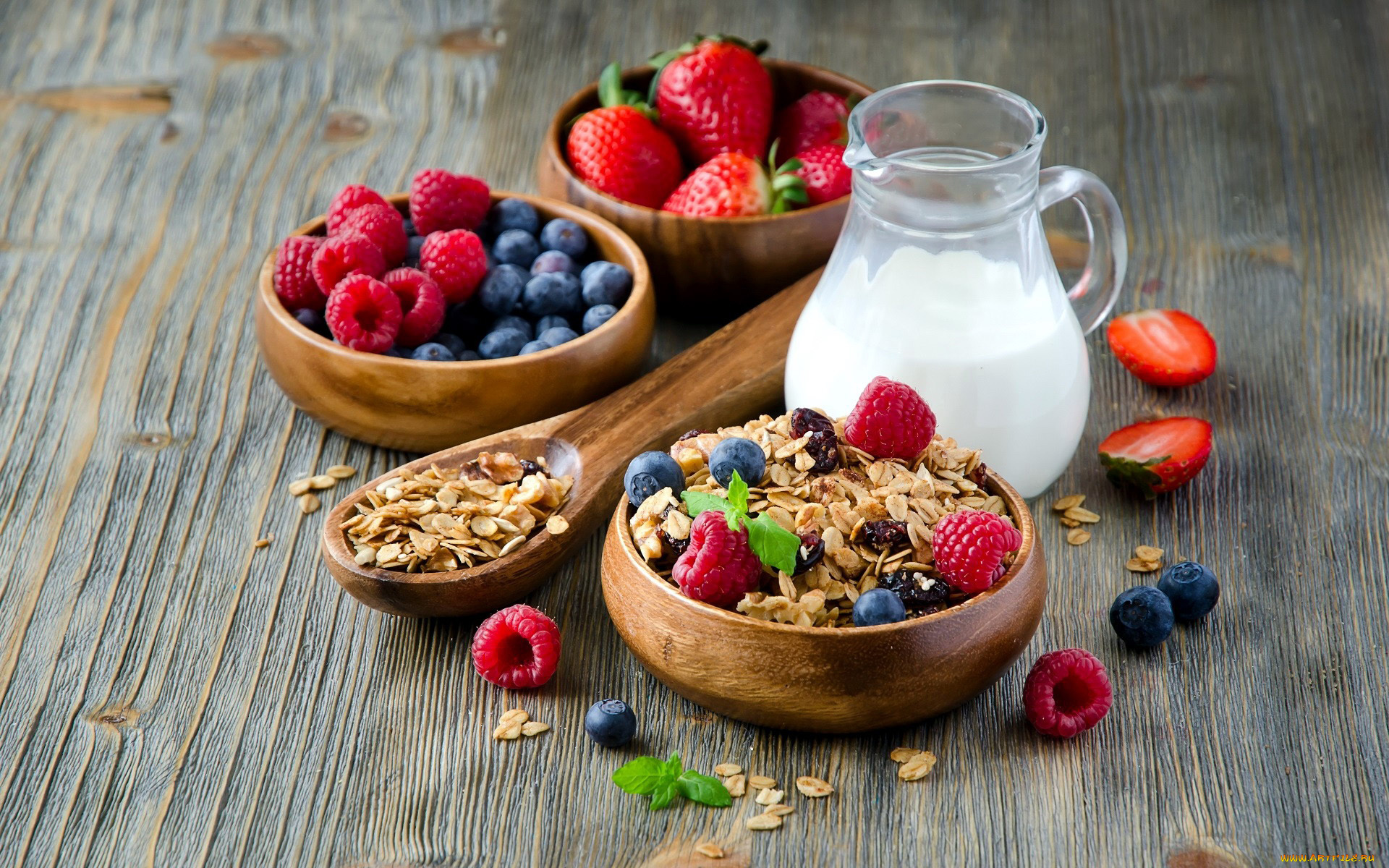 еда, мюсли, , хлопья, молоко, ягоды