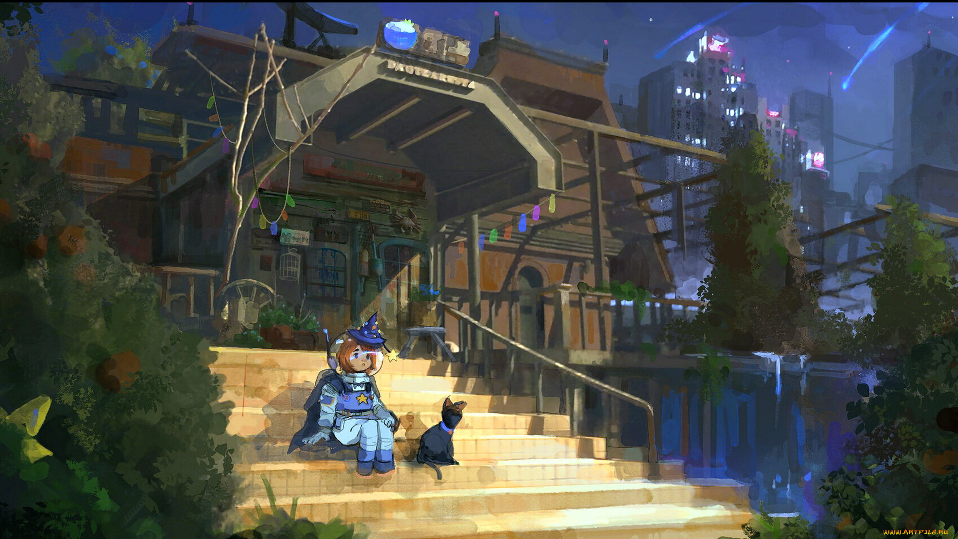 аниме, unknown, , другое, , город, ступени, кошка, девочка, колпак, скафандр, звезды