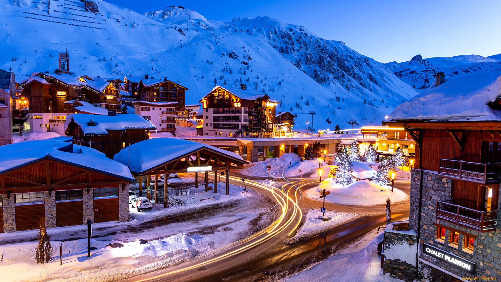 города, -, огни, ночного, города, горы, дома, снег, огни, вечер