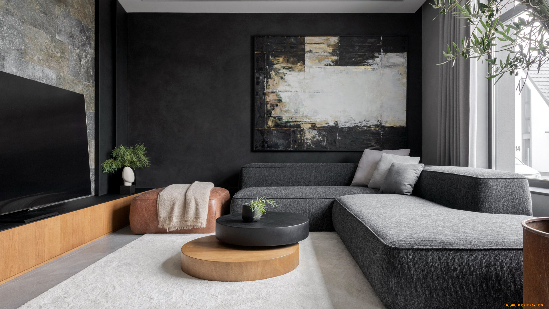 интерьер, гостиная, картина, телевизор, диван, пуфик, столик