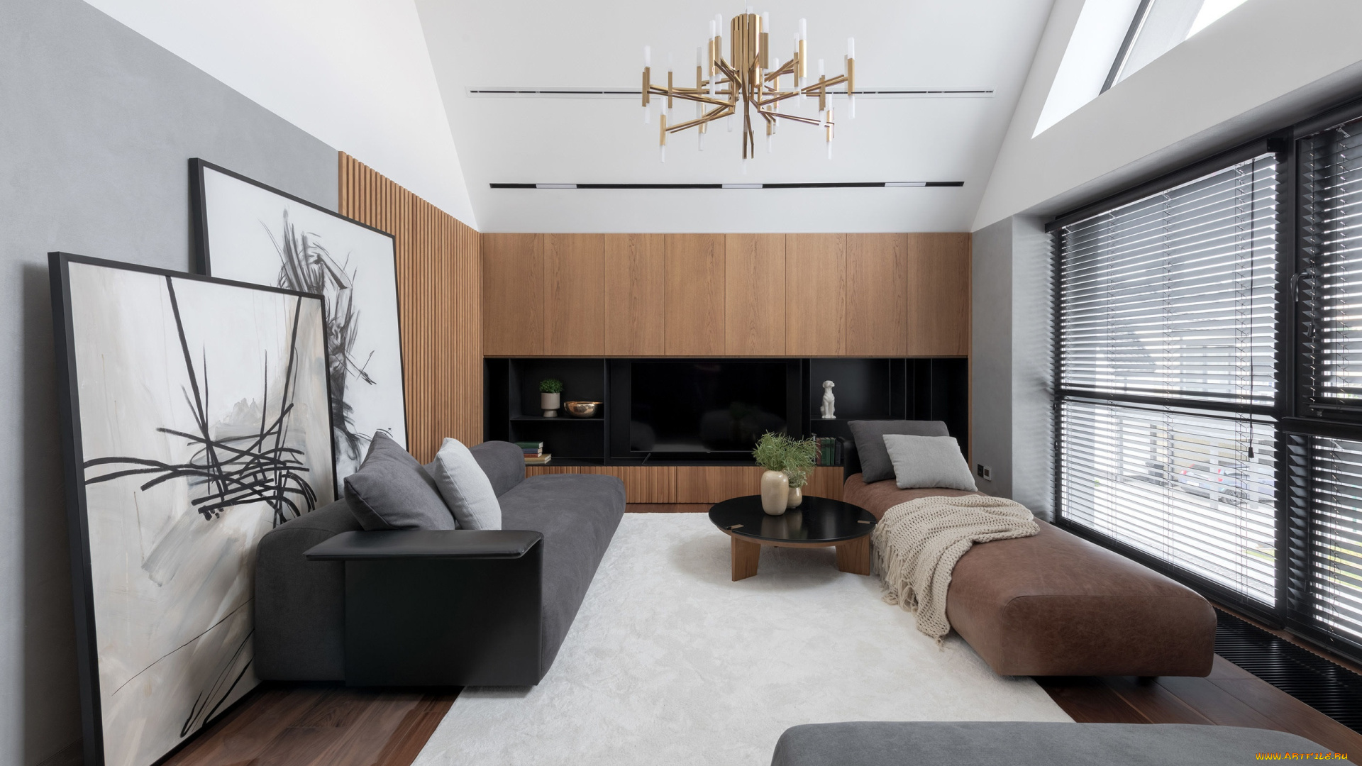 интерьер, гостиная, картины, диваны, столик, полки, жалюзи