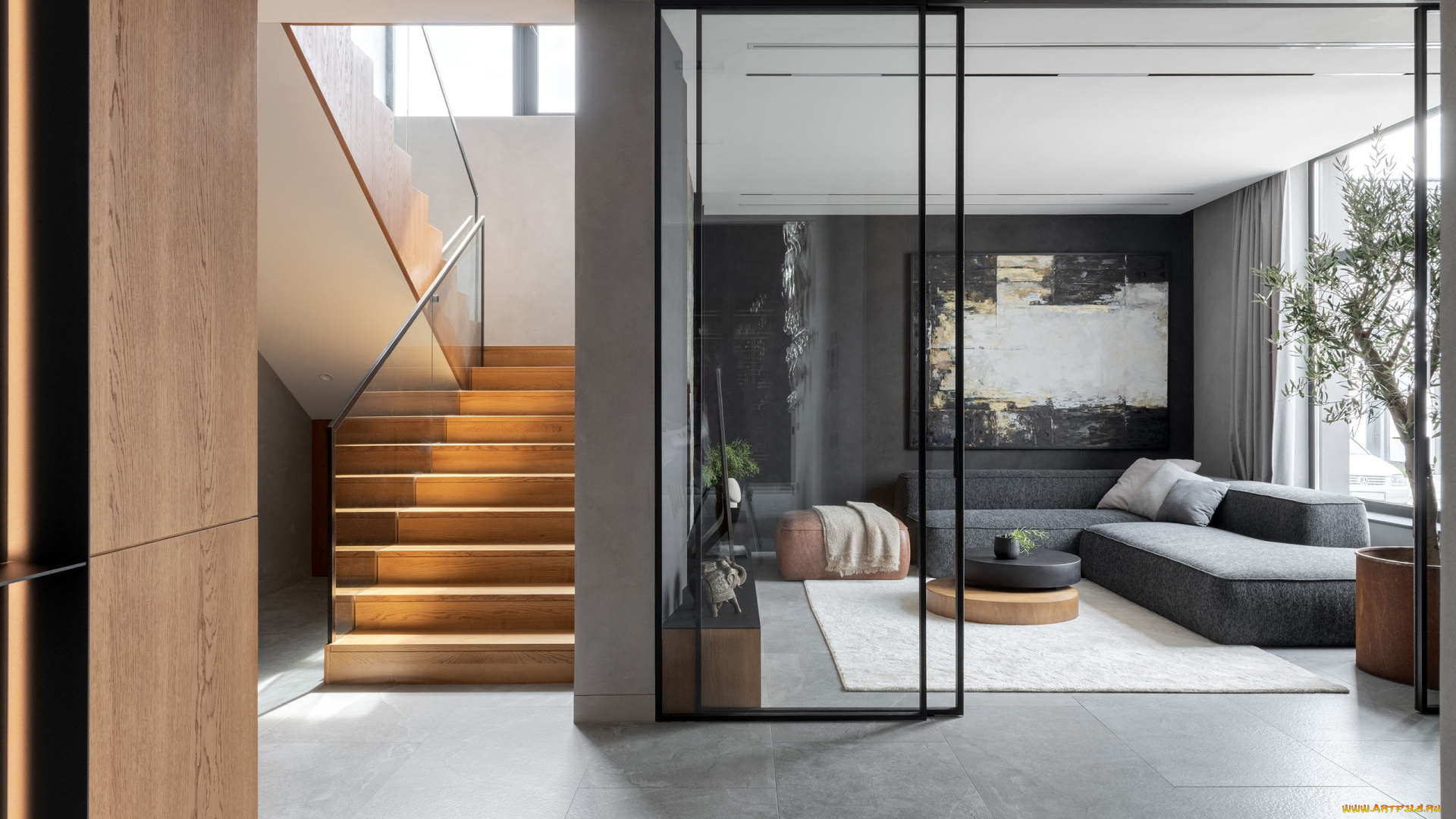 интерьер, гостиная, лестница, картина, диван, столик, окно