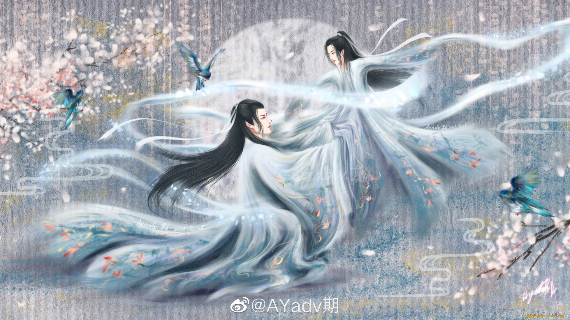 рисованное, кино, , мультфильмы, лань, ванцзи, вэй, усянь, птицы, цветение