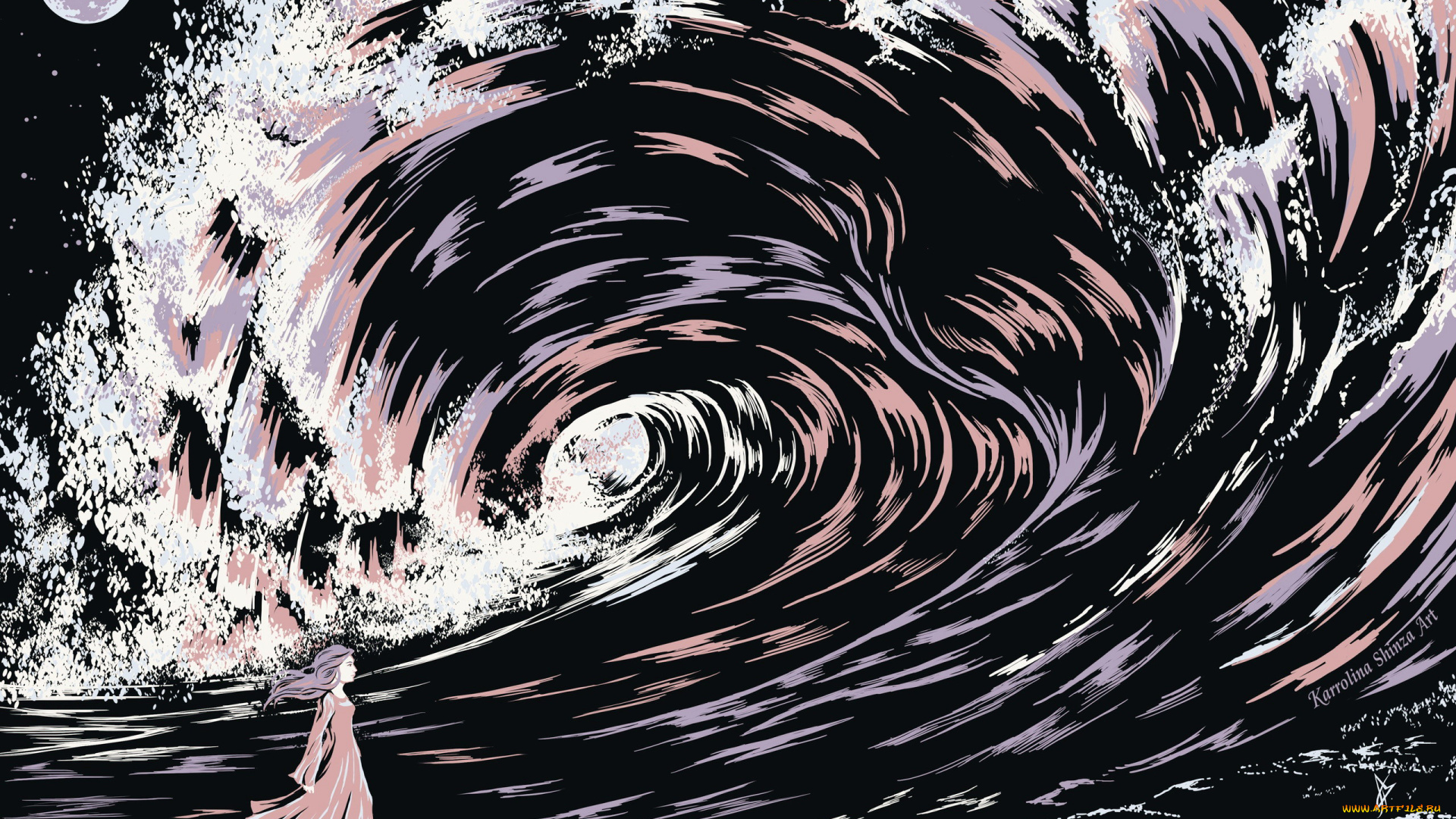 векторная, графика, девушки, , girls, волна, девушка, луна