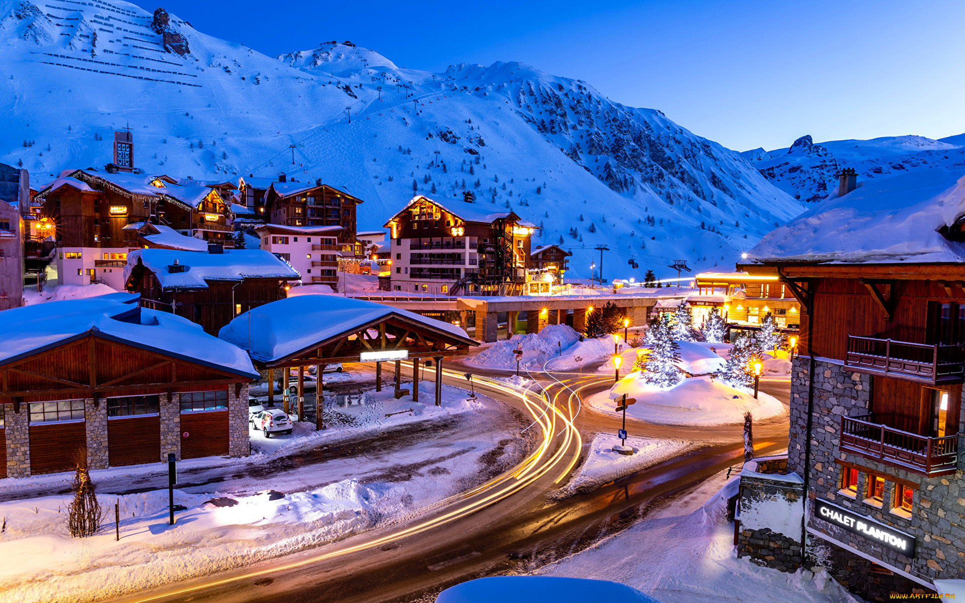 города, -, огни, ночного, города, горы, дома, снег, огни, вечер