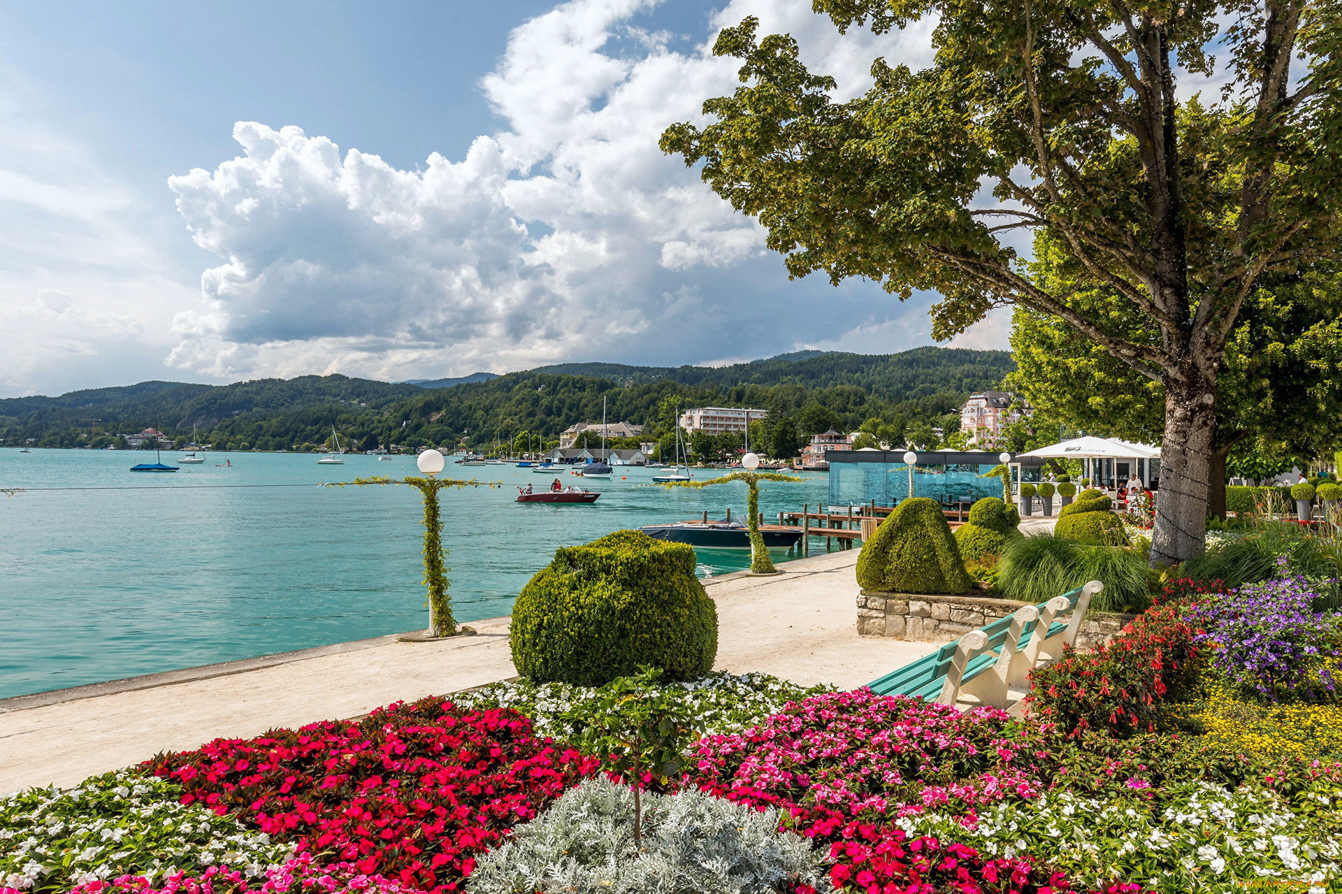 природа, парк, озеро, клумбы