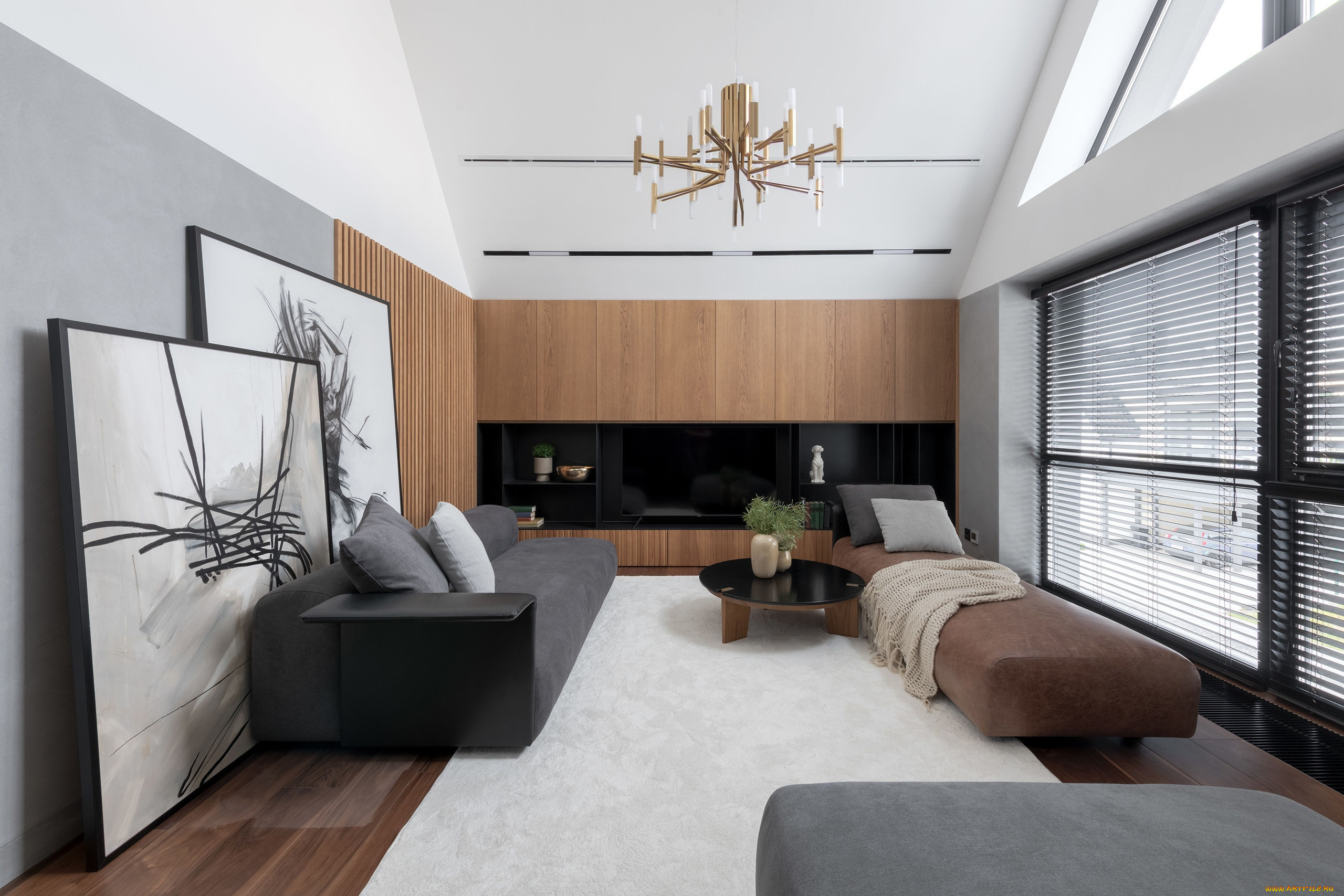 интерьер, гостиная, картины, диваны, столик, полки, жалюзи