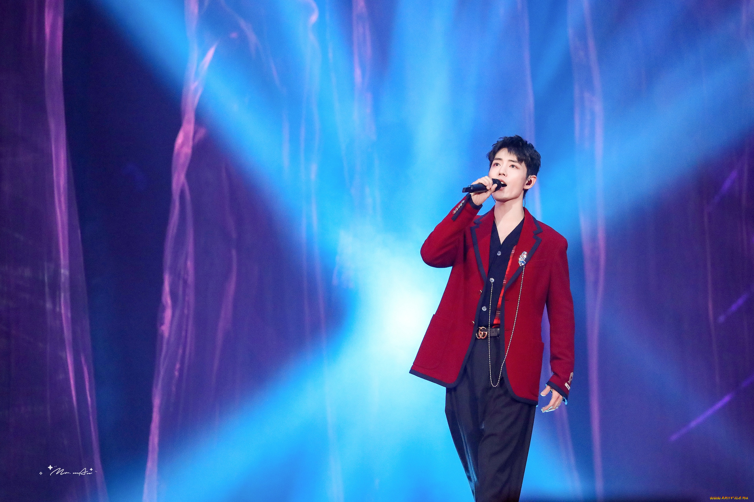 мужчины, xiao, zhan, пиджак, цепочка, микрофон, свет