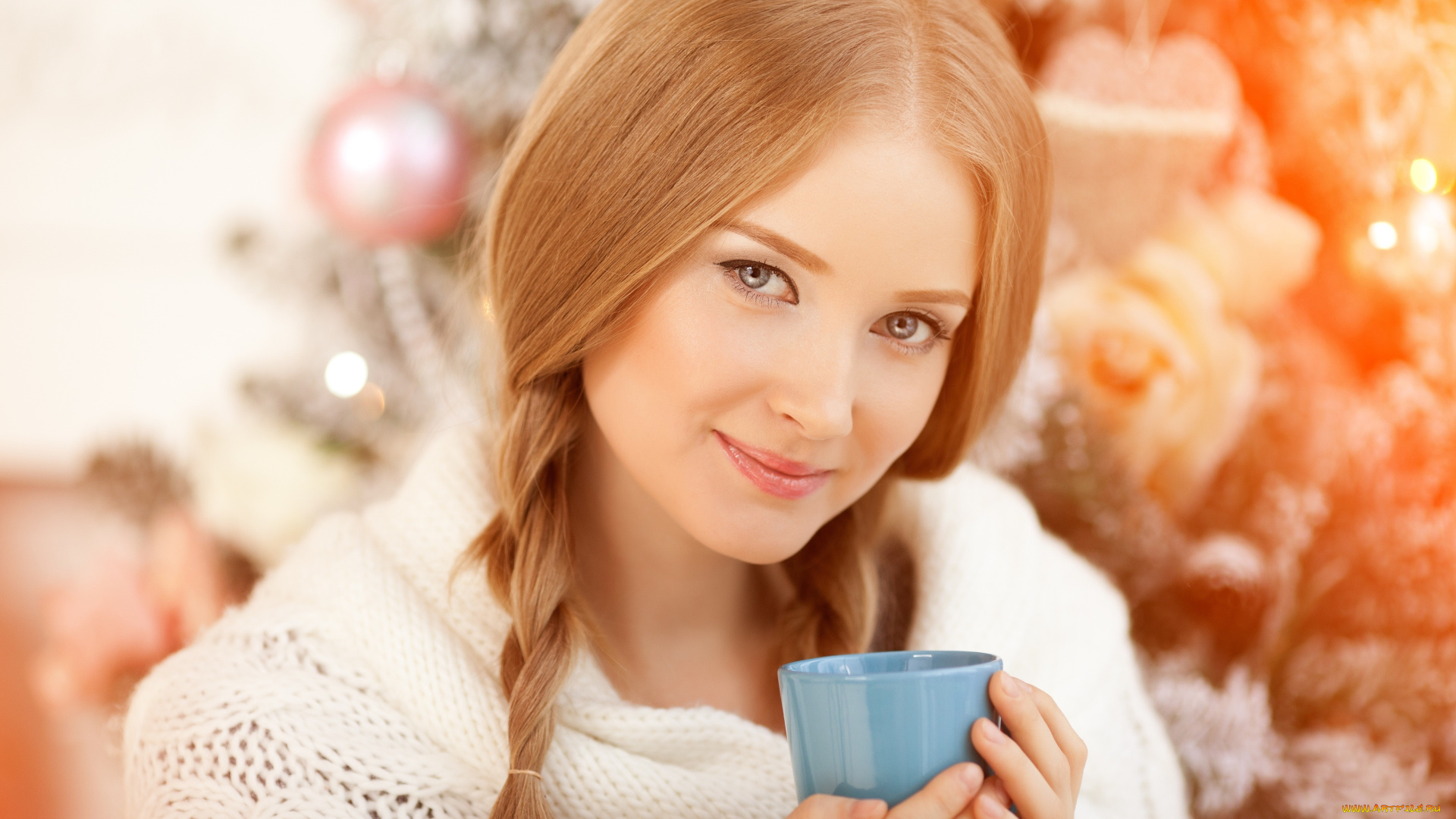 девушки, -, лица, , портреты, рыжая, косы, лицо, свитер, чашка