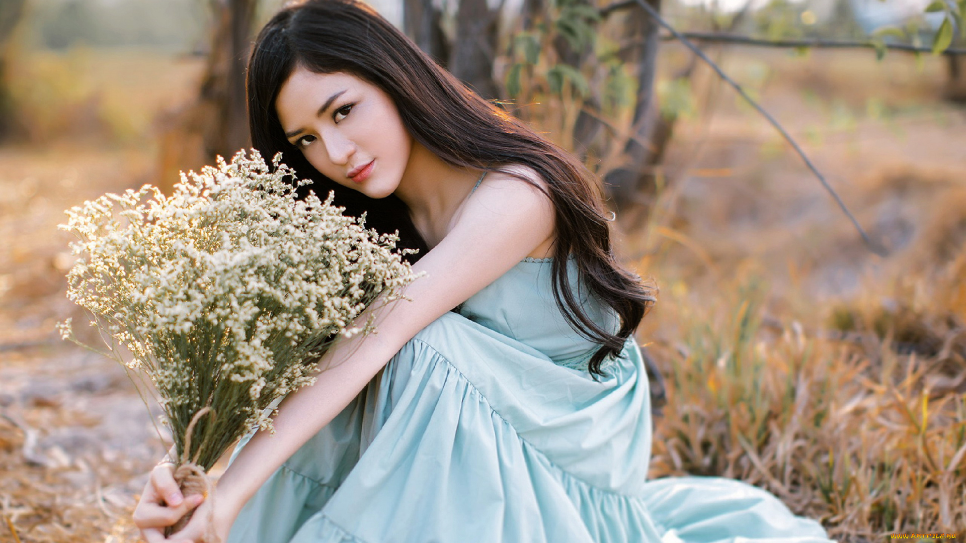 девушки, -, брюнетки, , шатенки, брюнетка, поза, букет, платье