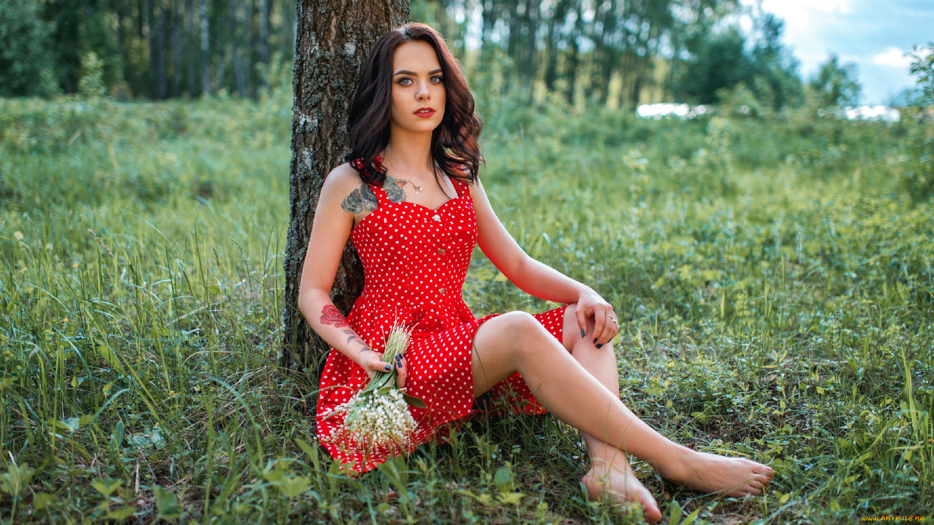 девушки, -, брюнетки, , шатенки, брюнетка, трава, букет, ландыши, поза, тату, платье