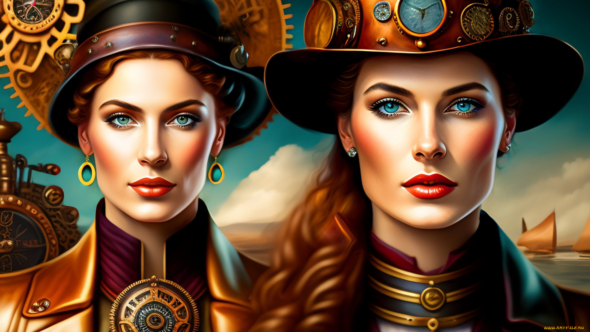 две, девушки, вместе, фэнтези, девушки, арт, две, шляпы, цифровое, искусство, диджитал, ии-арт, нейросеть, цифровая, картина, искусственного, интеллекта