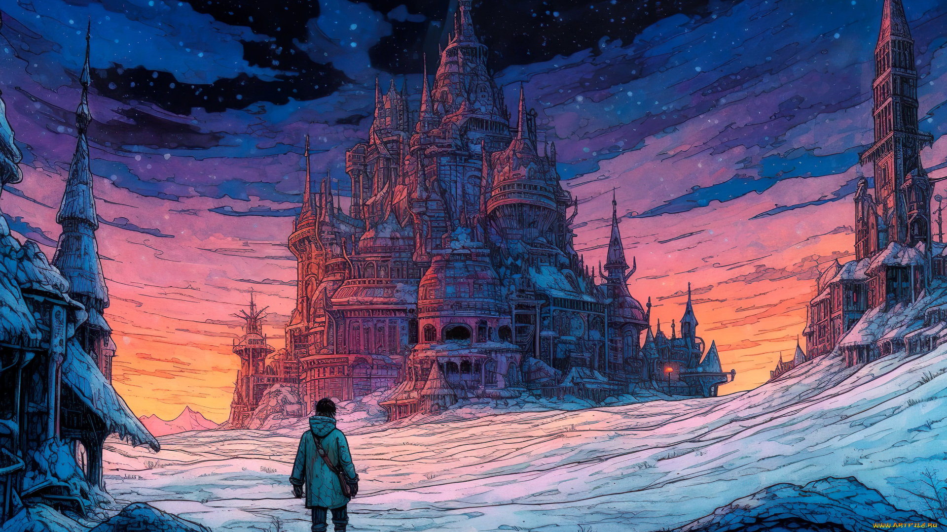 фэнтези, замки, зима, снег