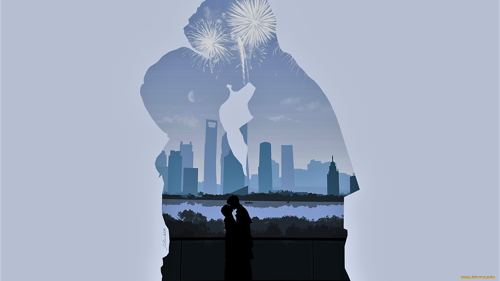 рисованное, кино, , мультфильмы, пара, поцелуй, город