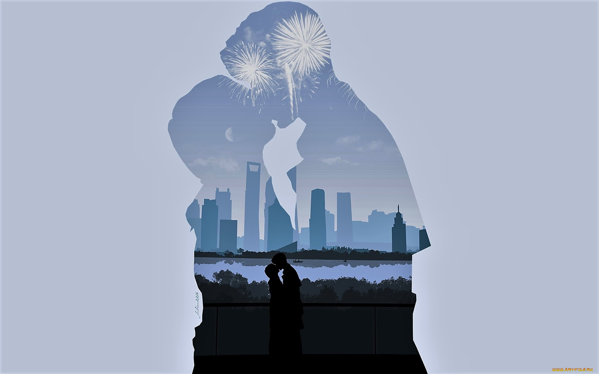 рисованное, кино, , мультфильмы, пара, поцелуй, город