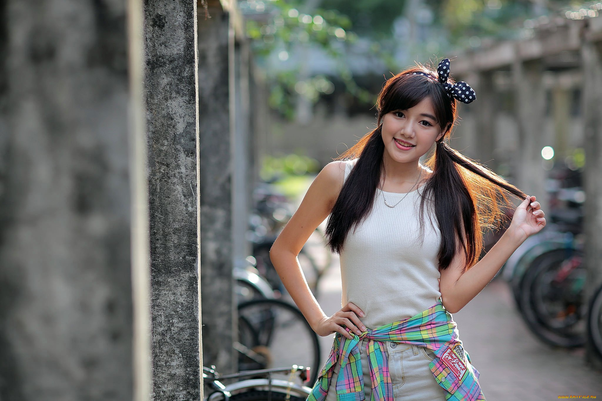 девушки, -, азиатки, топ, джинсы, велосипеды, улица