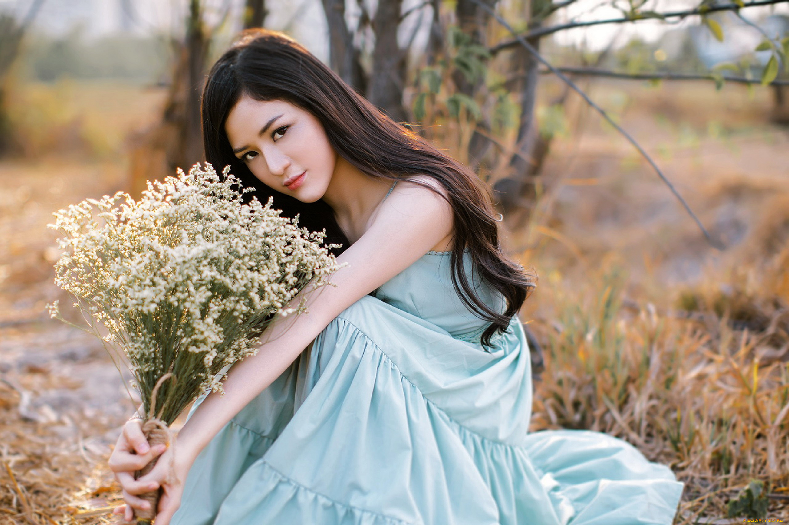 девушки, -, брюнетки, , шатенки, брюнетка, поза, букет, платье