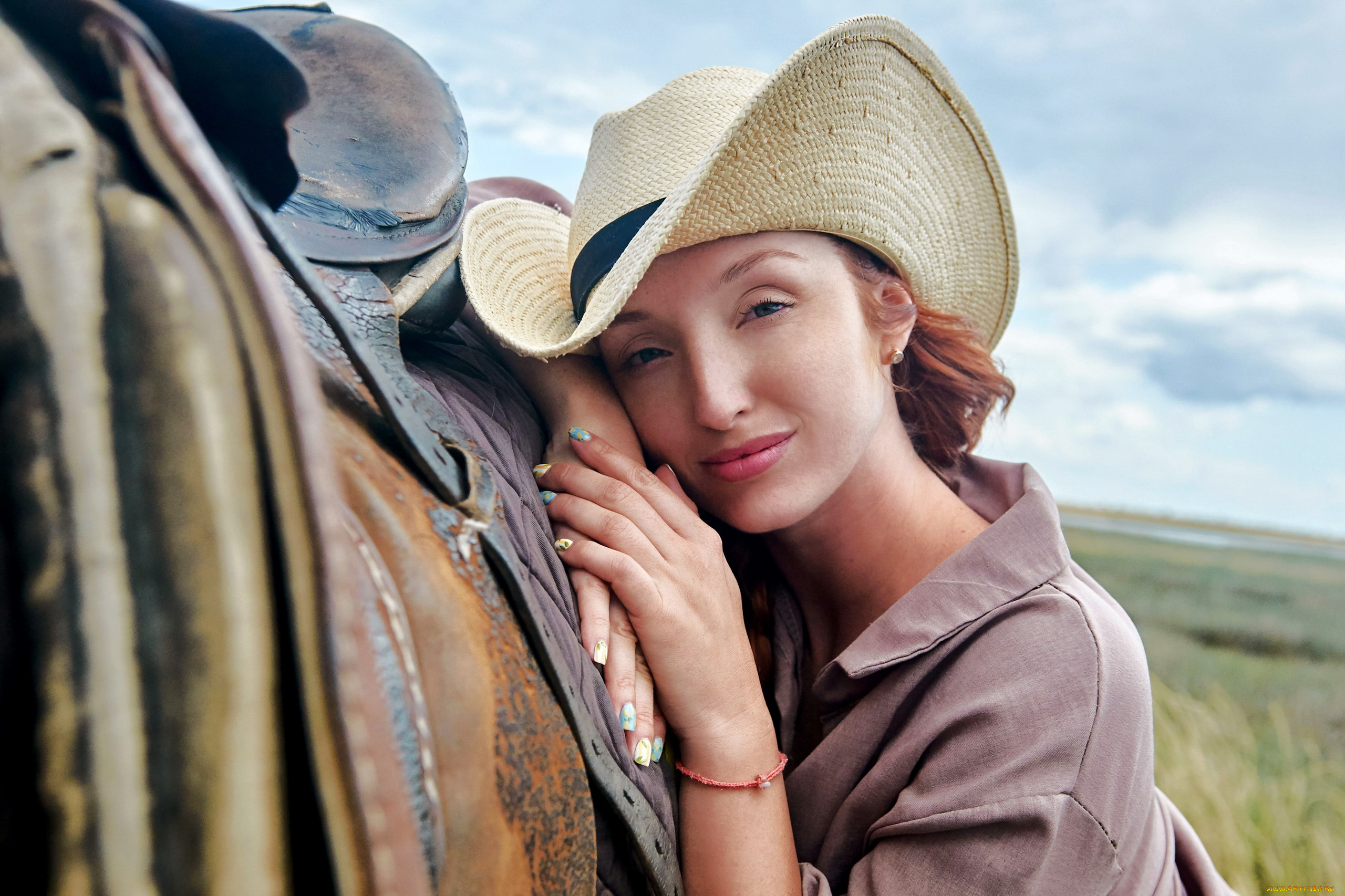 девушки, -, рыжеволосые, и, разноцветные, шляпа, улыбка