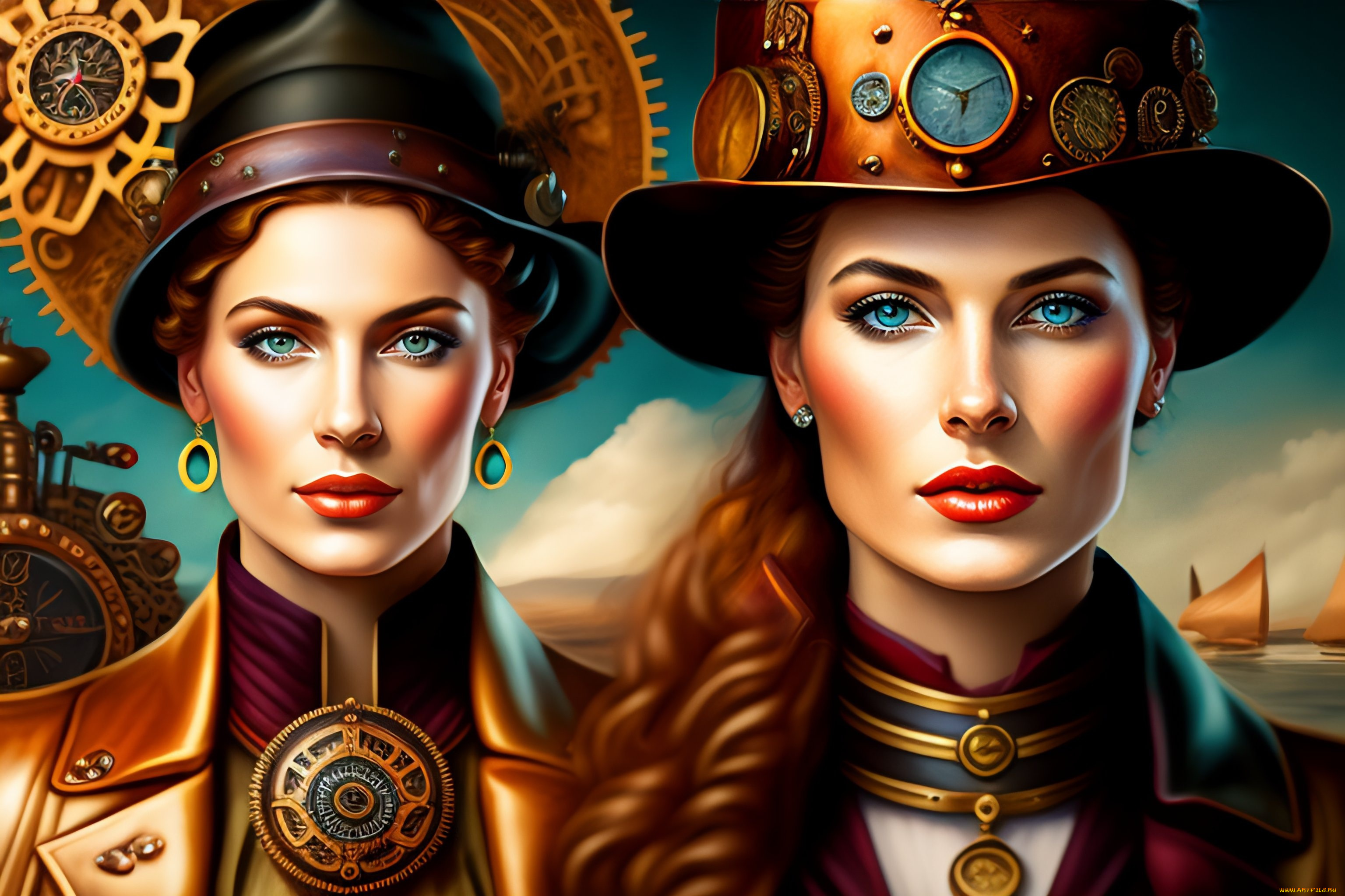 две, девушки, вместе, фэнтези, девушки, арт, две, шляпы, цифровое, искусство, диджитал, ии-арт, нейросеть, цифровая, картина, искусственного, интеллекта