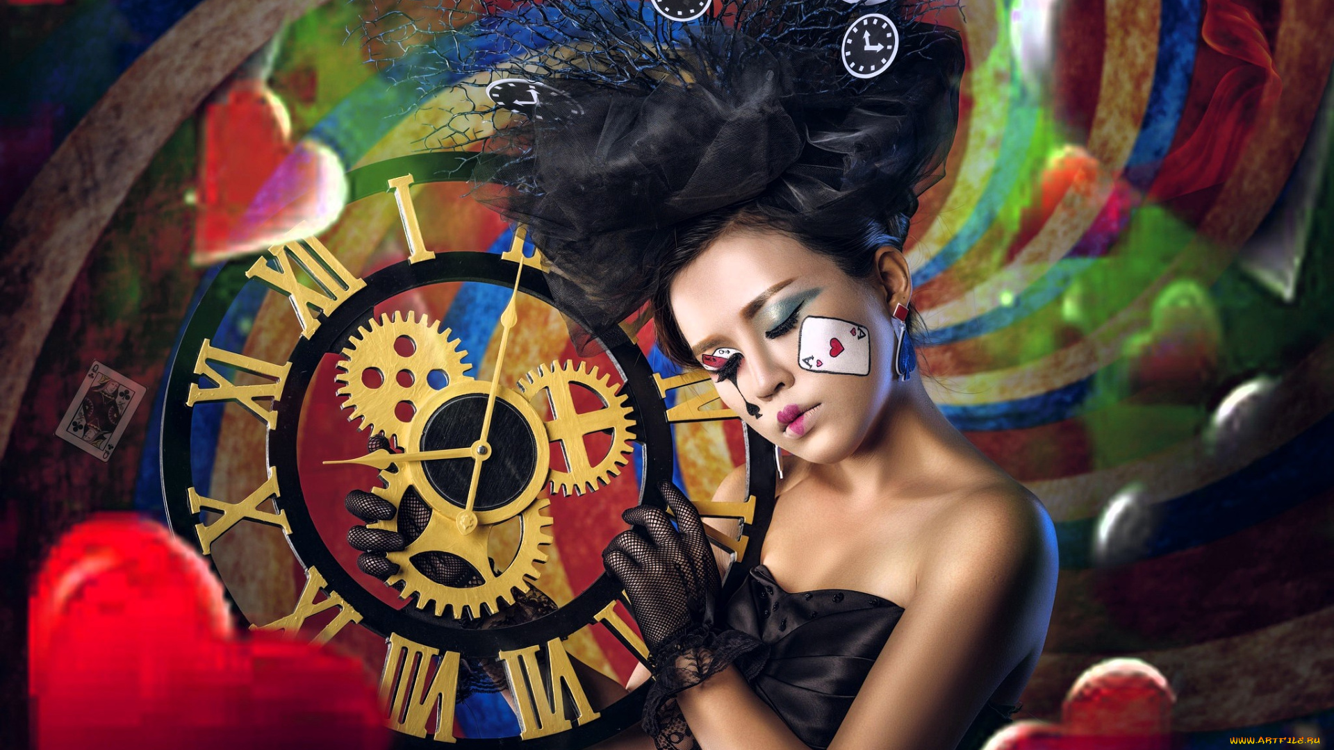 девушки, -, креатив, , косплей, брюнетка, часы, сердечки, карты