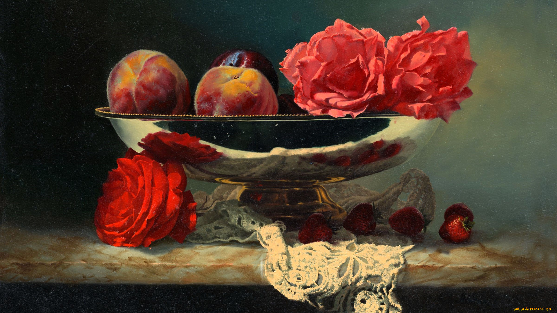 рисованное, алексей, антонов, натюрморт, персики, розы, клубника, салфетка