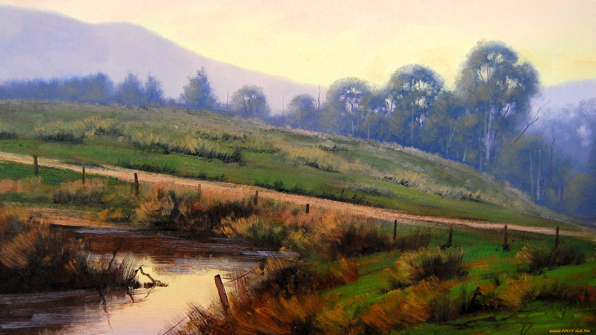 рисованное, graham, gercken, луга, река, дорога, деревья