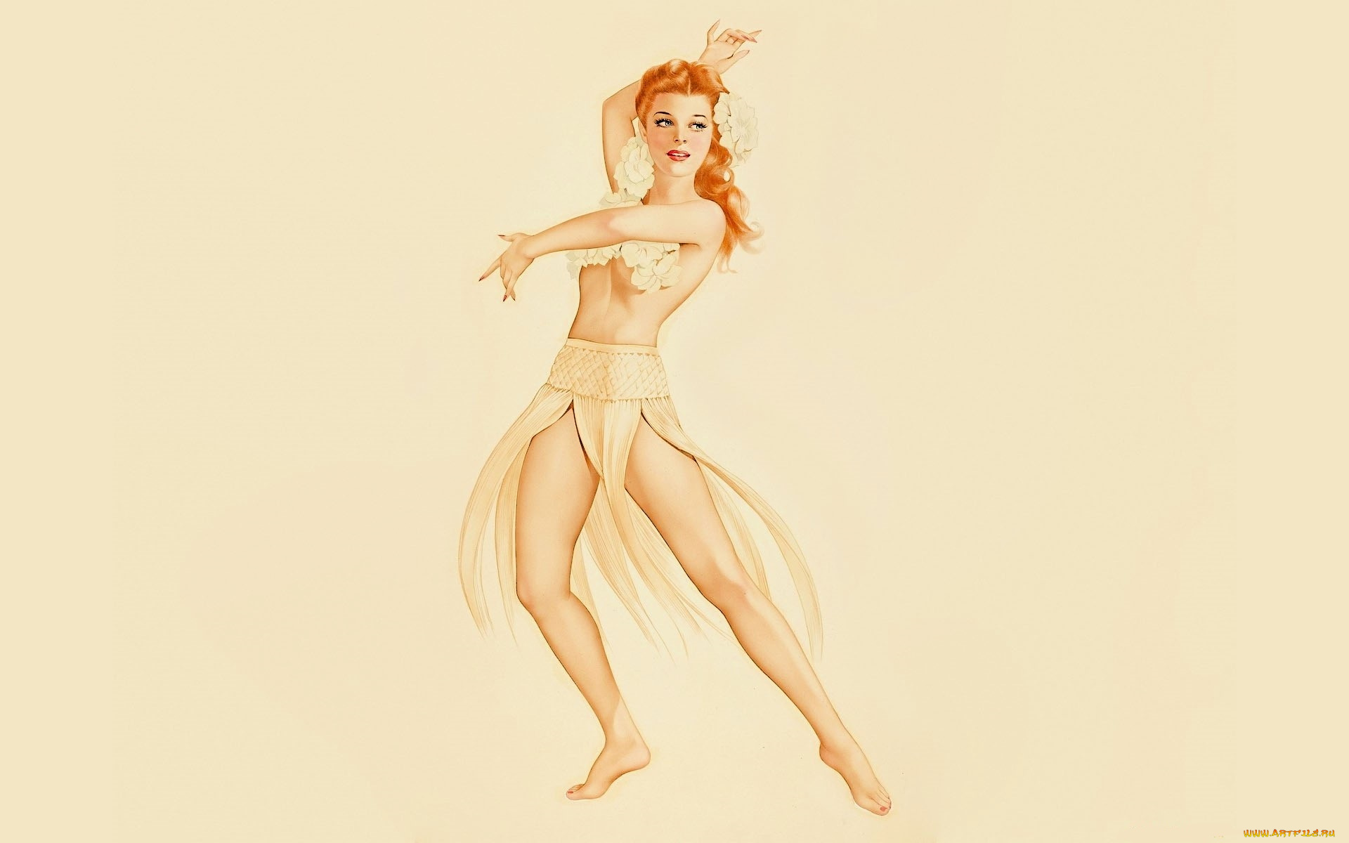 рисованное, alberto, vargas, рыжая, цветы, юбка, танец