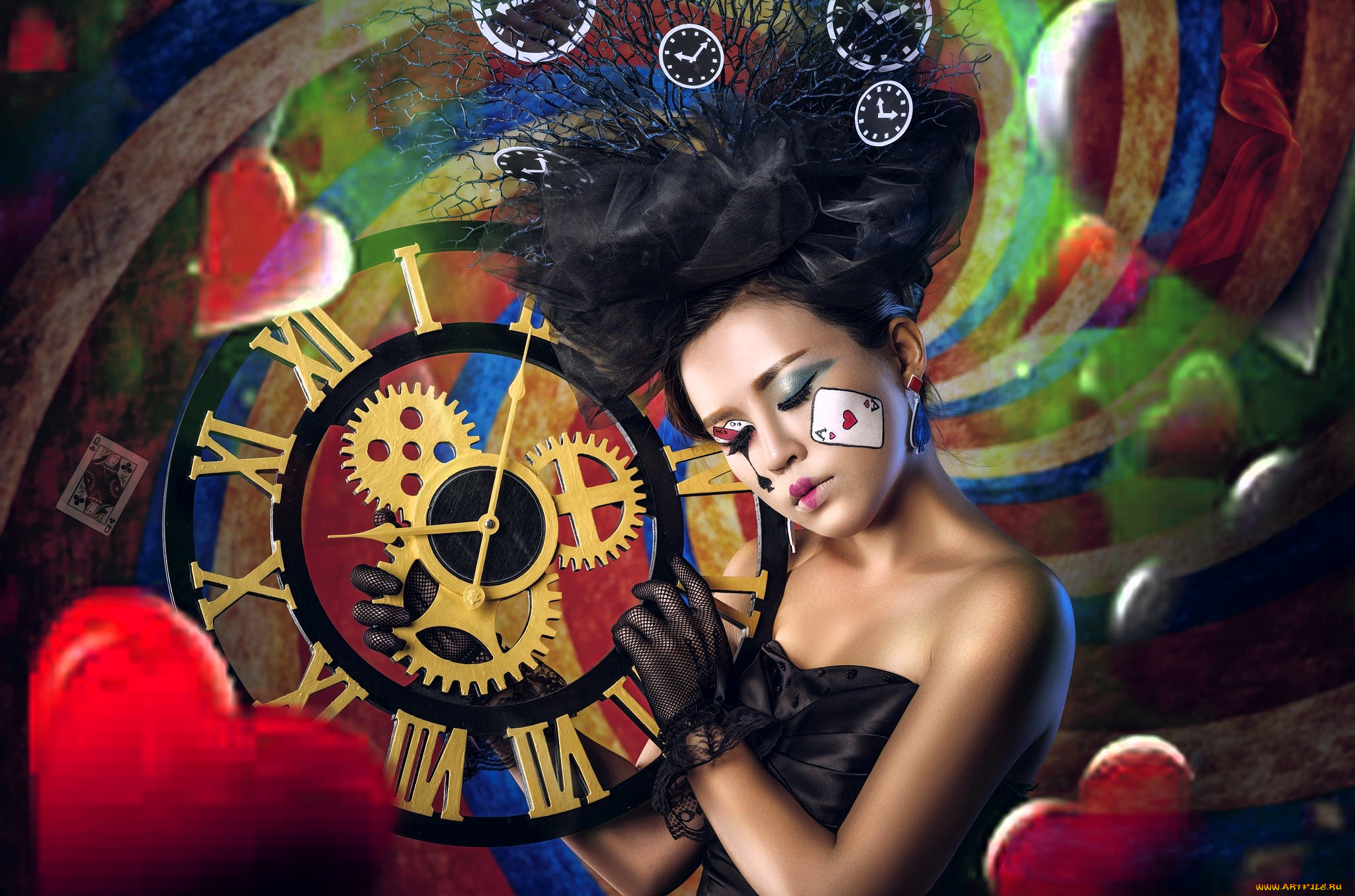 девушки, -, креатив, , косплей, брюнетка, часы, сердечки, карты