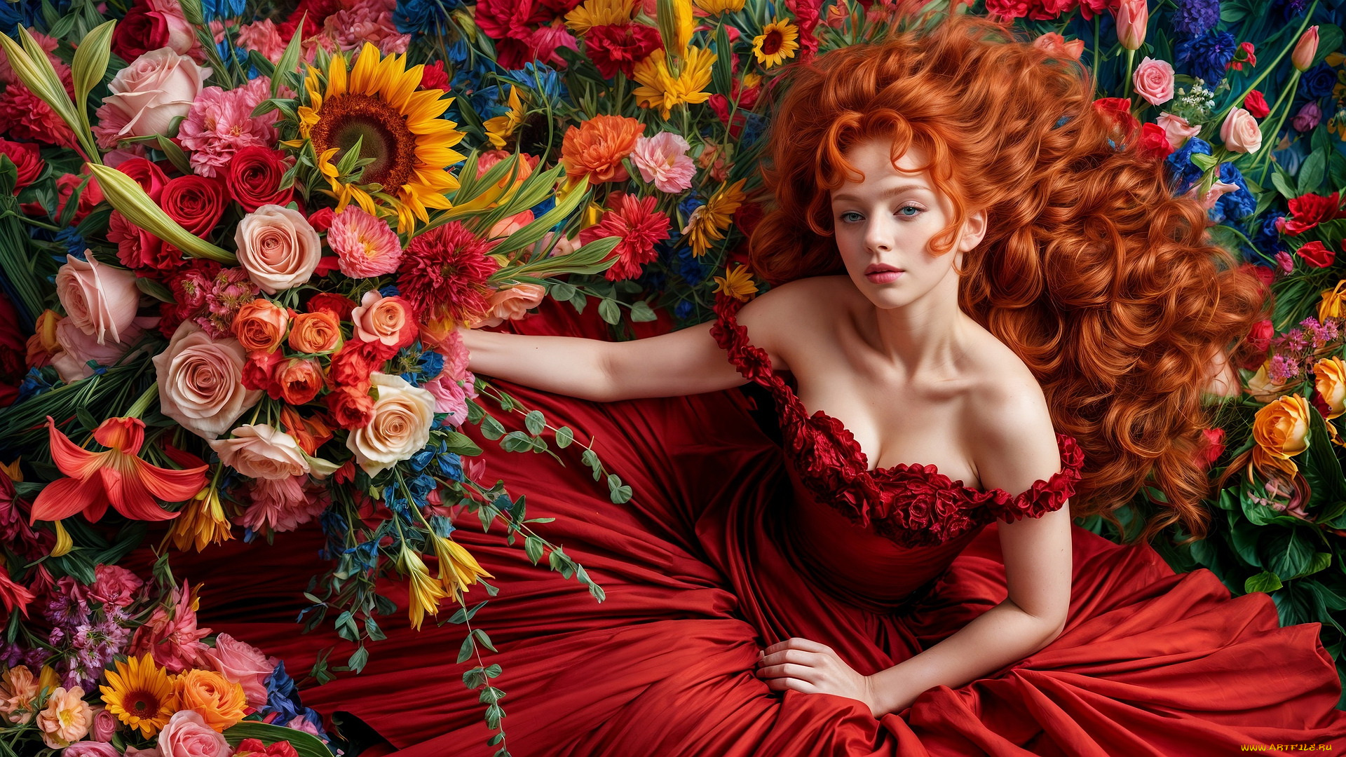3д, графика, люди, , people, цветы, рыжие, волосы, алое, платье