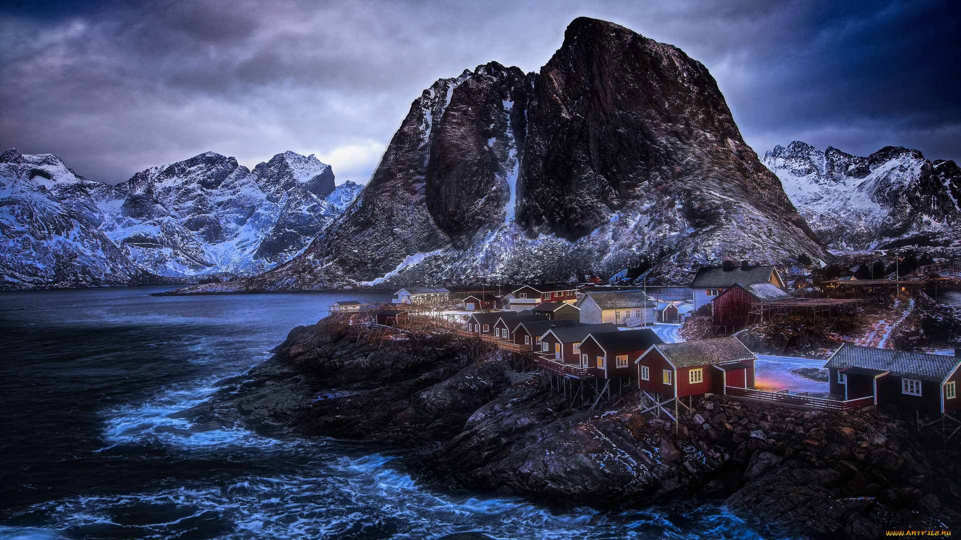 города, лофотенские, острова, , норвегия, горы, фьорд, дома, вечер, огни