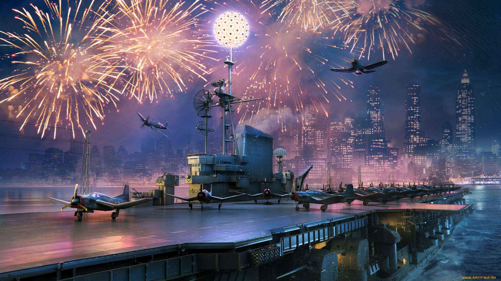 видео, игры, world, of, warships, корабль, авианосец, самолеты, салют, город, огни