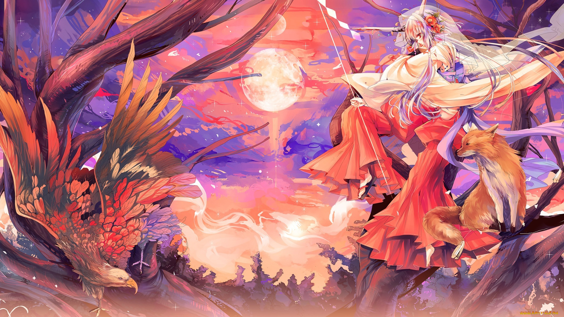 аниме, angels, demons, дерево, звезды, животные, птица, цветы, длинные, волосы, сандали, луна, небо, жрица, kirero, artist, -, kiro