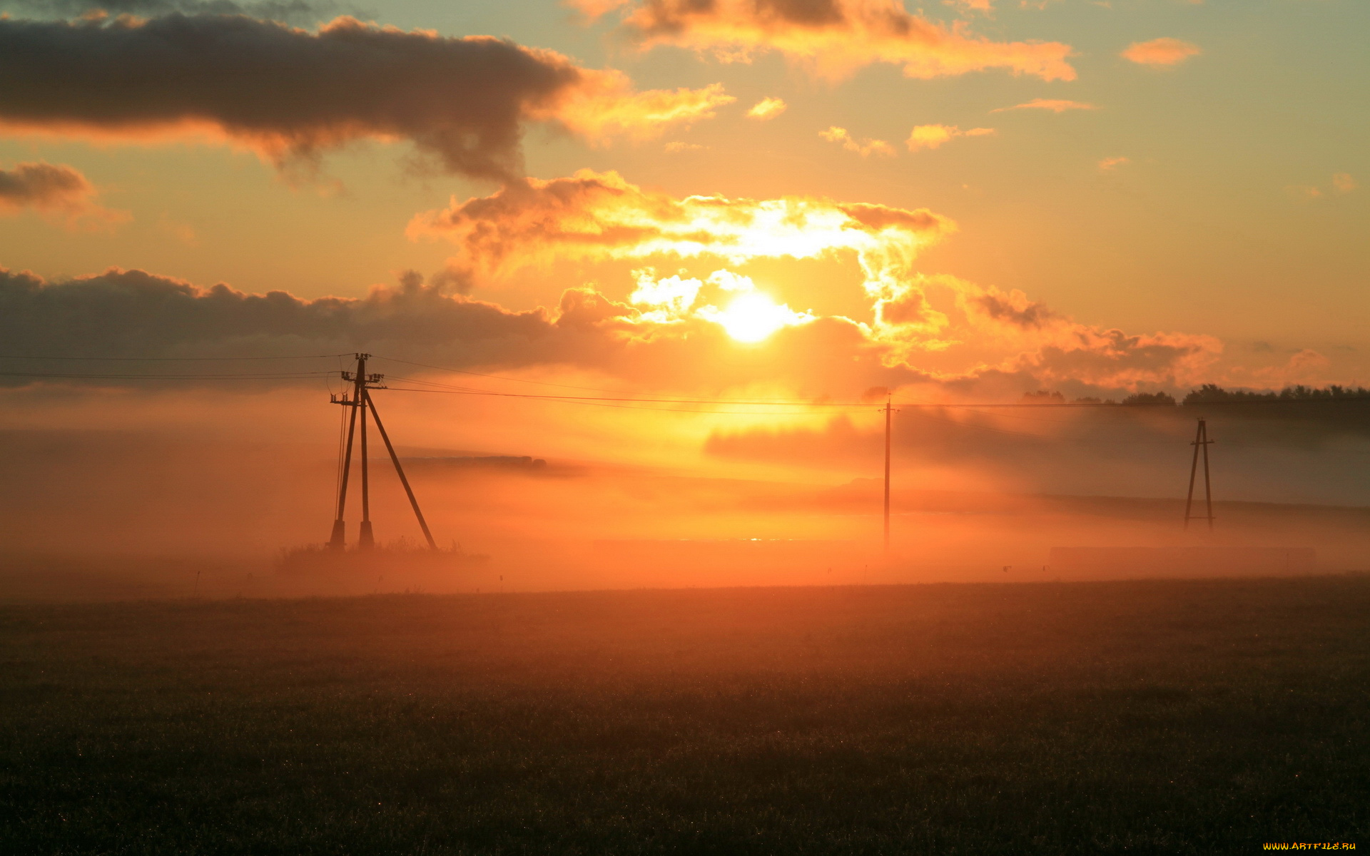 природа, восходы, закаты, туман, облака, поле