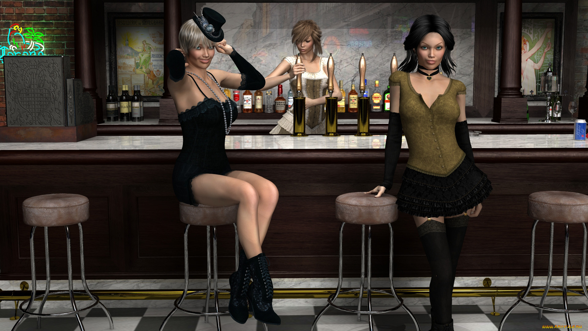 3д, графика, people, люди, девушки, бар