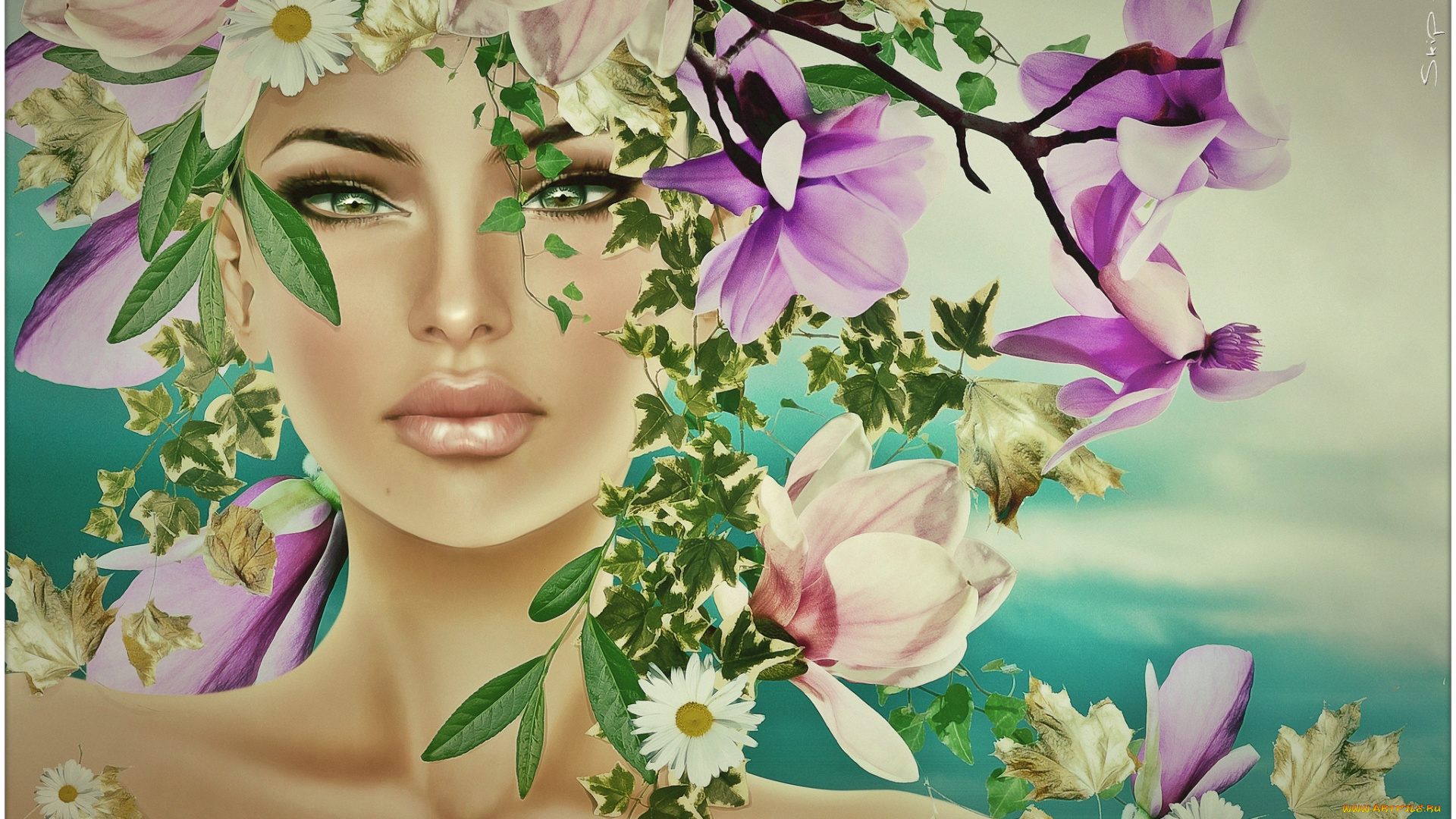 3д, графика, portraits, портрет, лицо, цветы