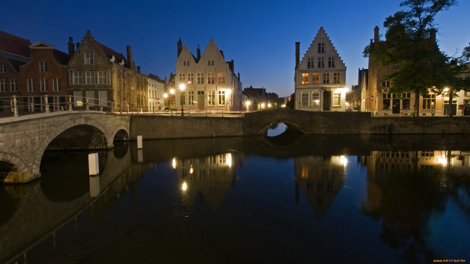 бельгия, брюгге, города, ночь, огни, дома, река, мост