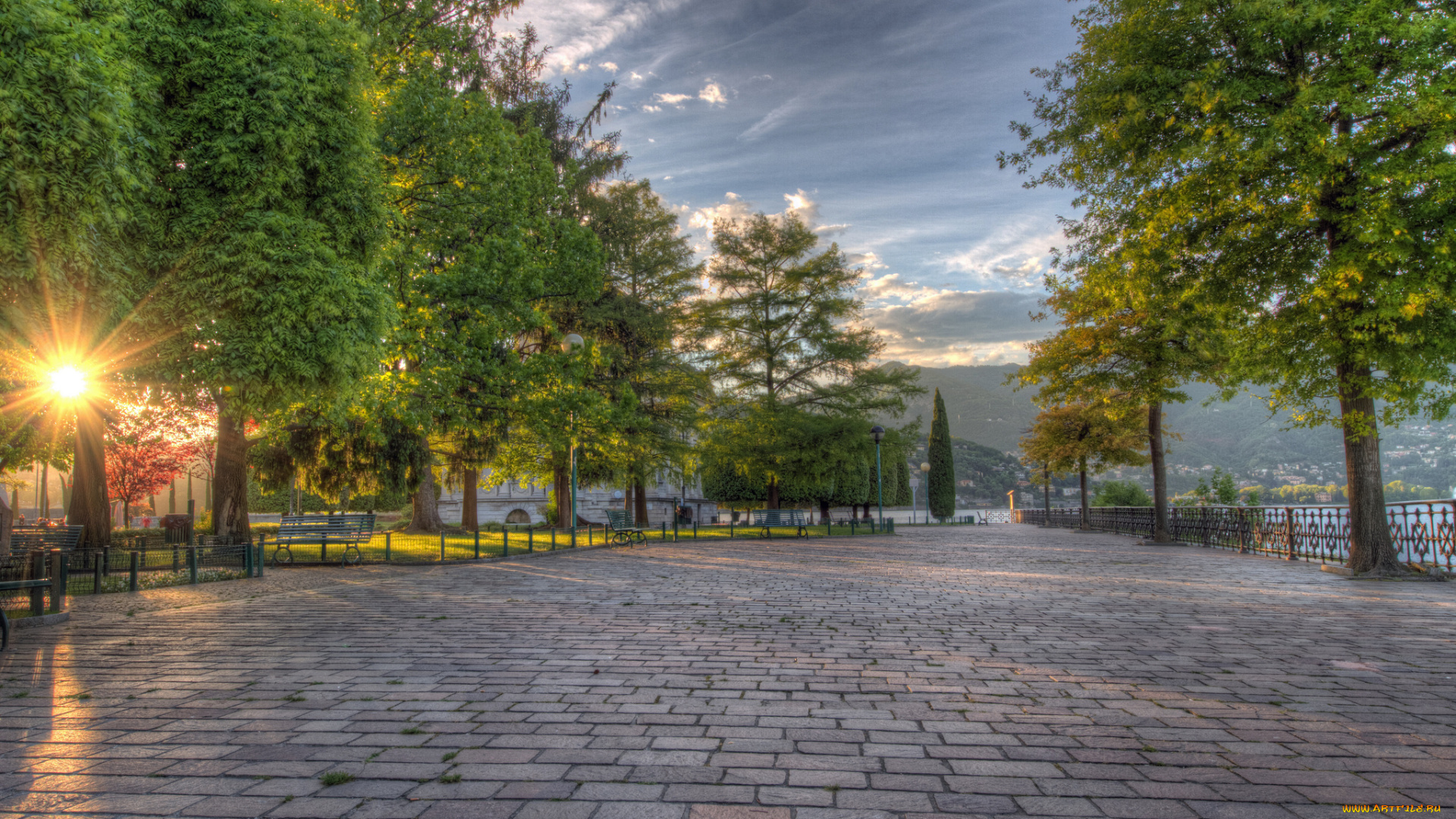como, lombardy, italy, города, улицы, площади, набережные, восход, парк, деревья, комо, ломбардия, италия, набережная, аллея