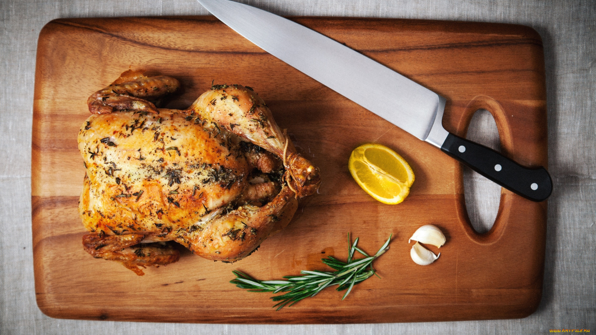 еда, мясные, блюда, лимон, курица, нож, чеснок, розмарин