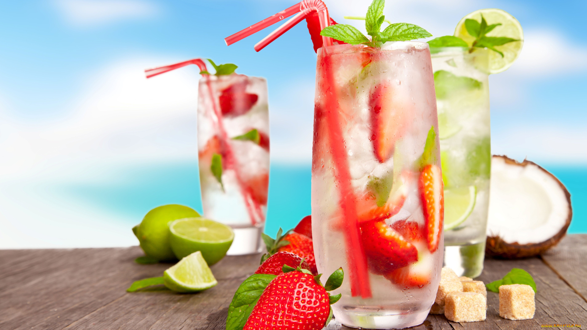 еда, напитки, коктейль, клубника, лайм, мохито, кокос
