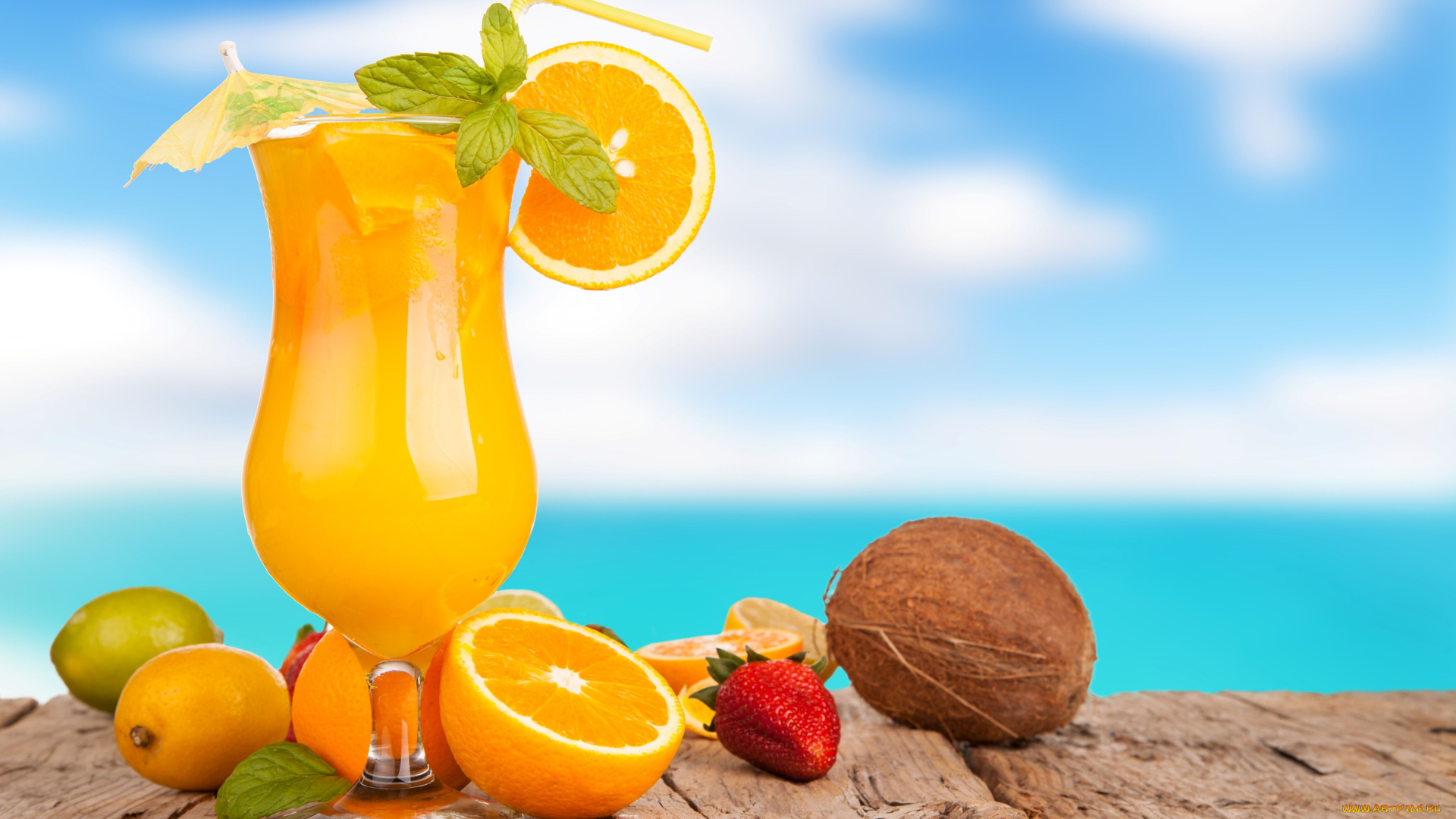 еда, напитки, сок, клубника, кокос, лимоны, апельсины