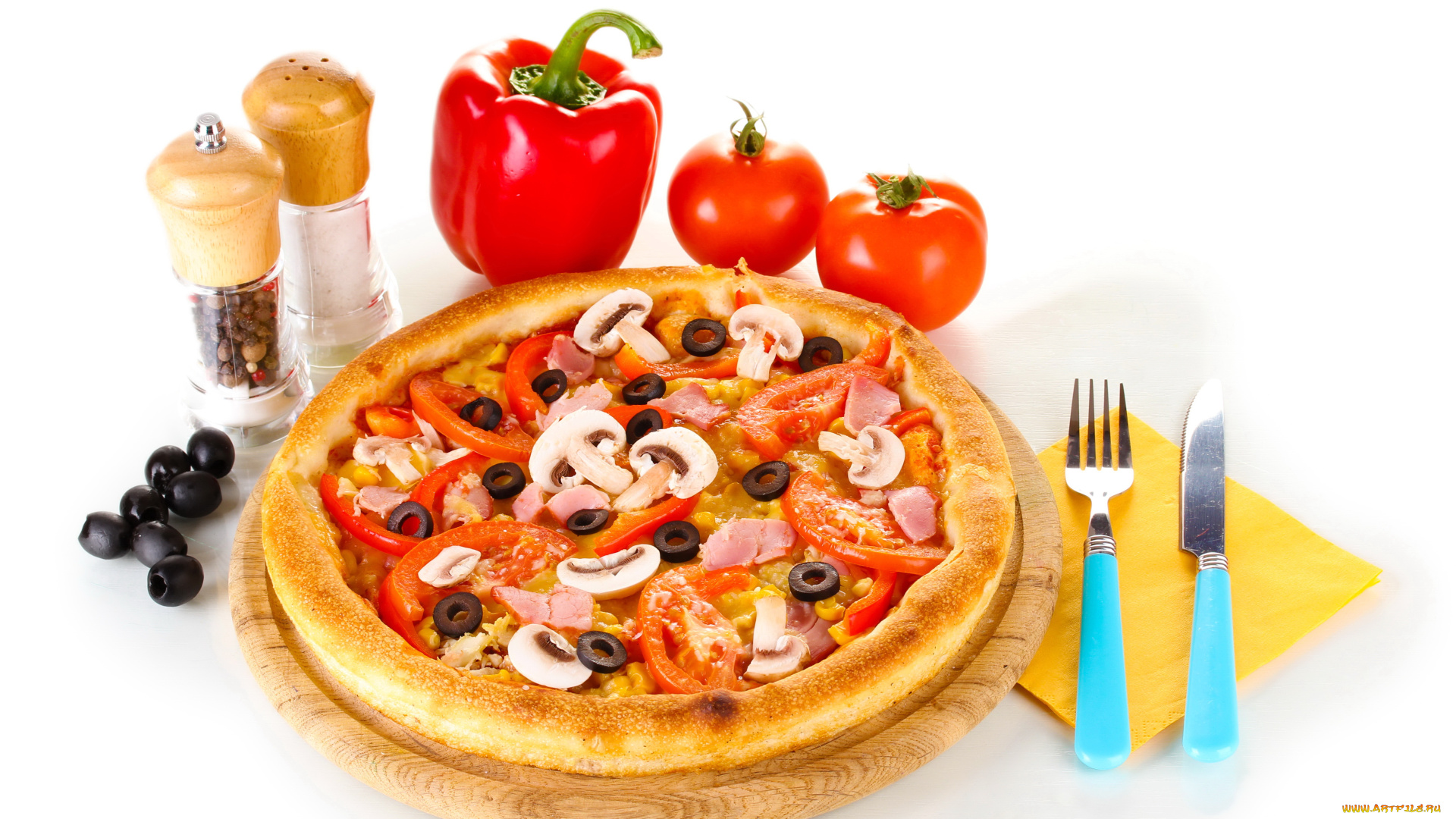 еда, пицца, зелень, помидоры, томаты