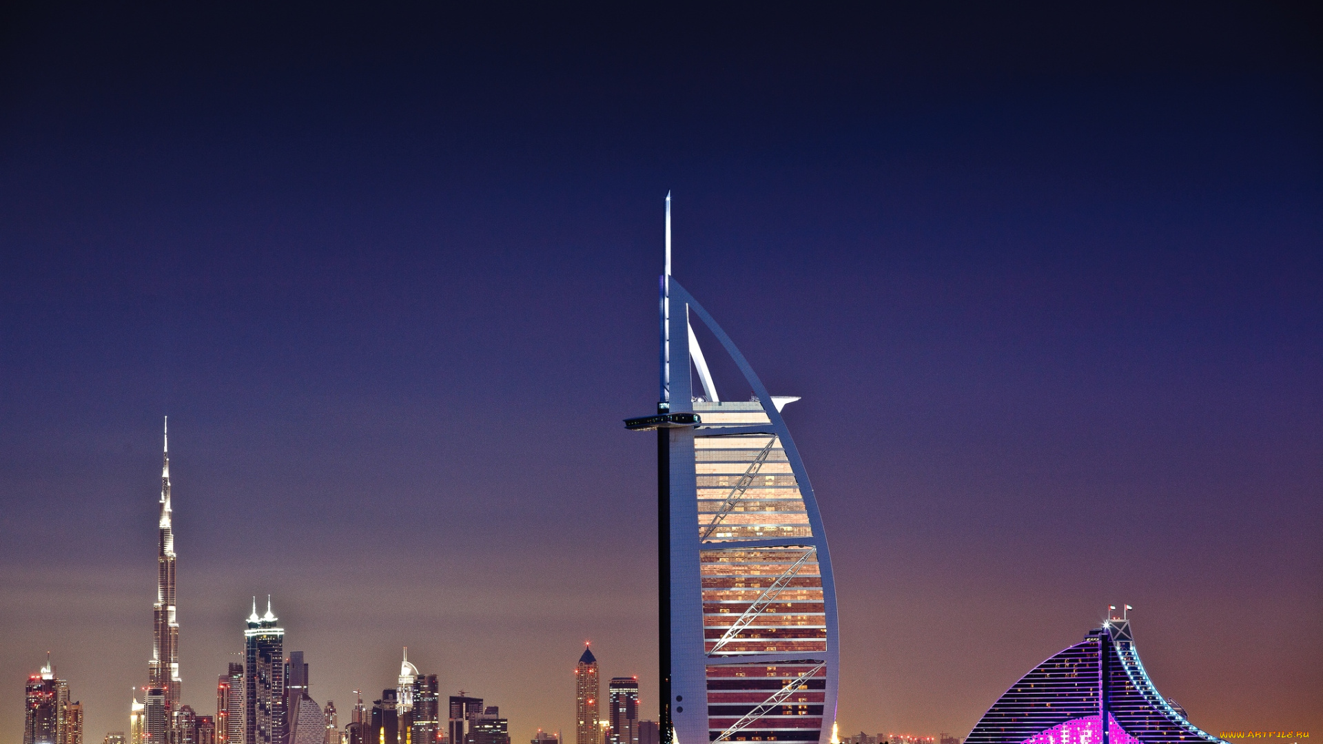 города, дубаи, оаэ, парус, отель, ночь