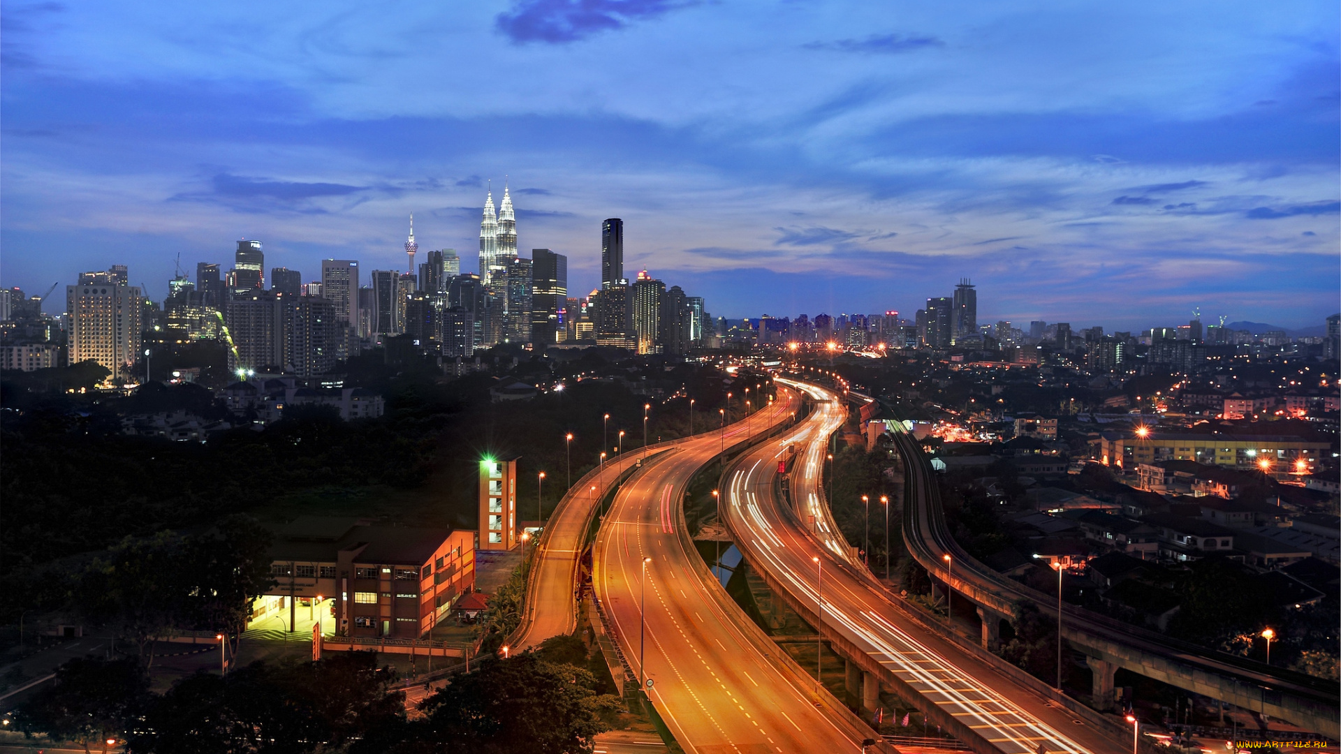 города, куала, лумпур, малайзия, здания, ночь, дорога