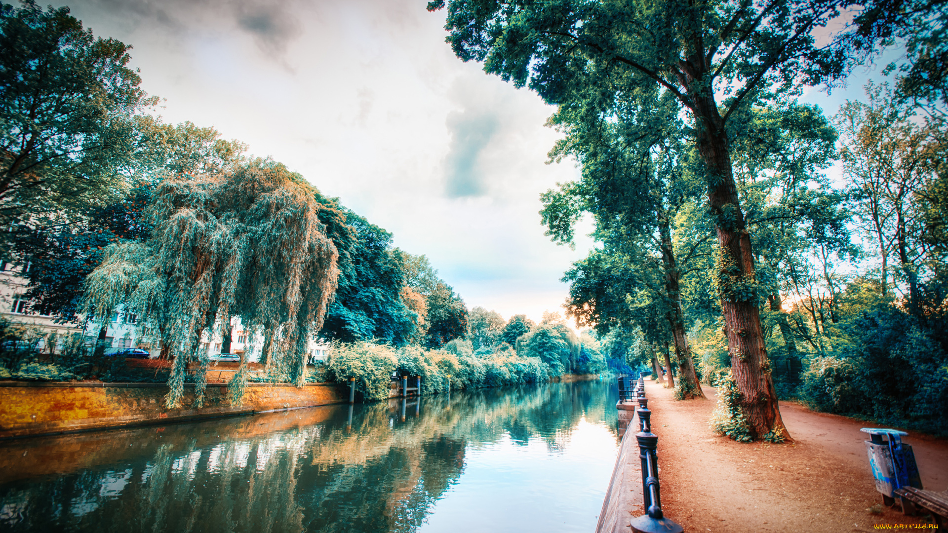 города, улицы, площади, набережные, канал, ограждение, скамья, урна, деревья