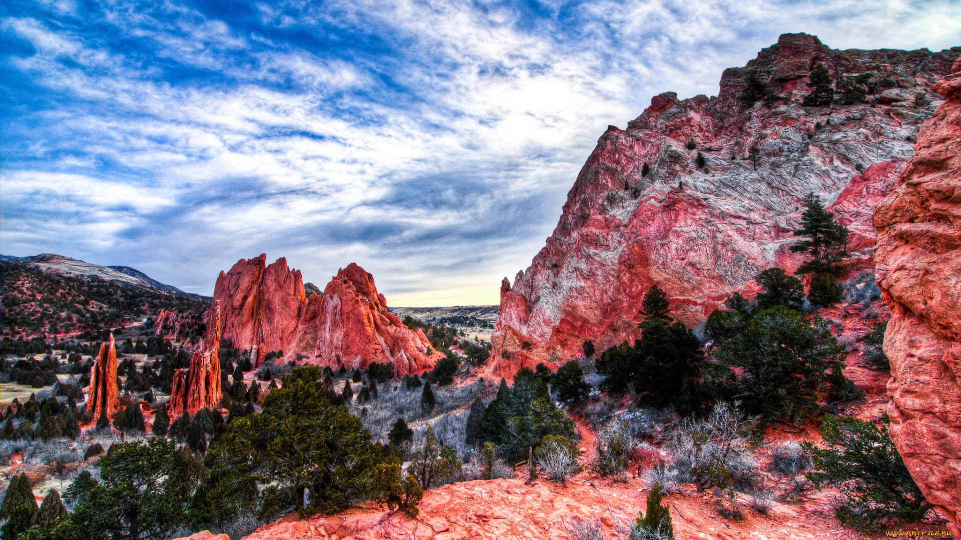 природа, горы, скалы, деревья, небо, облака