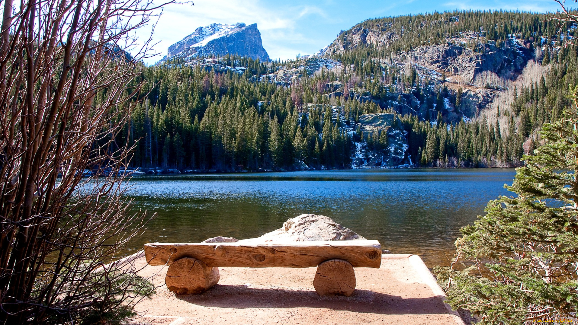 природа, реки, озера, горы, вода, скамейка, отдых