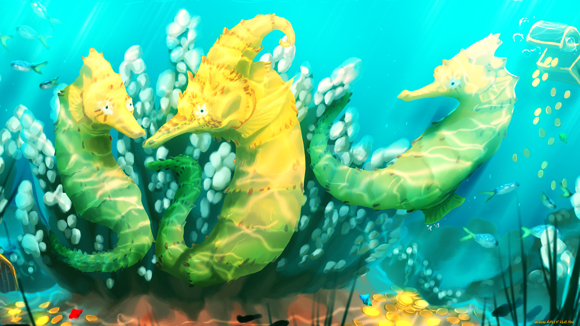 рисованные, животные, морская, фауна, морской, конек